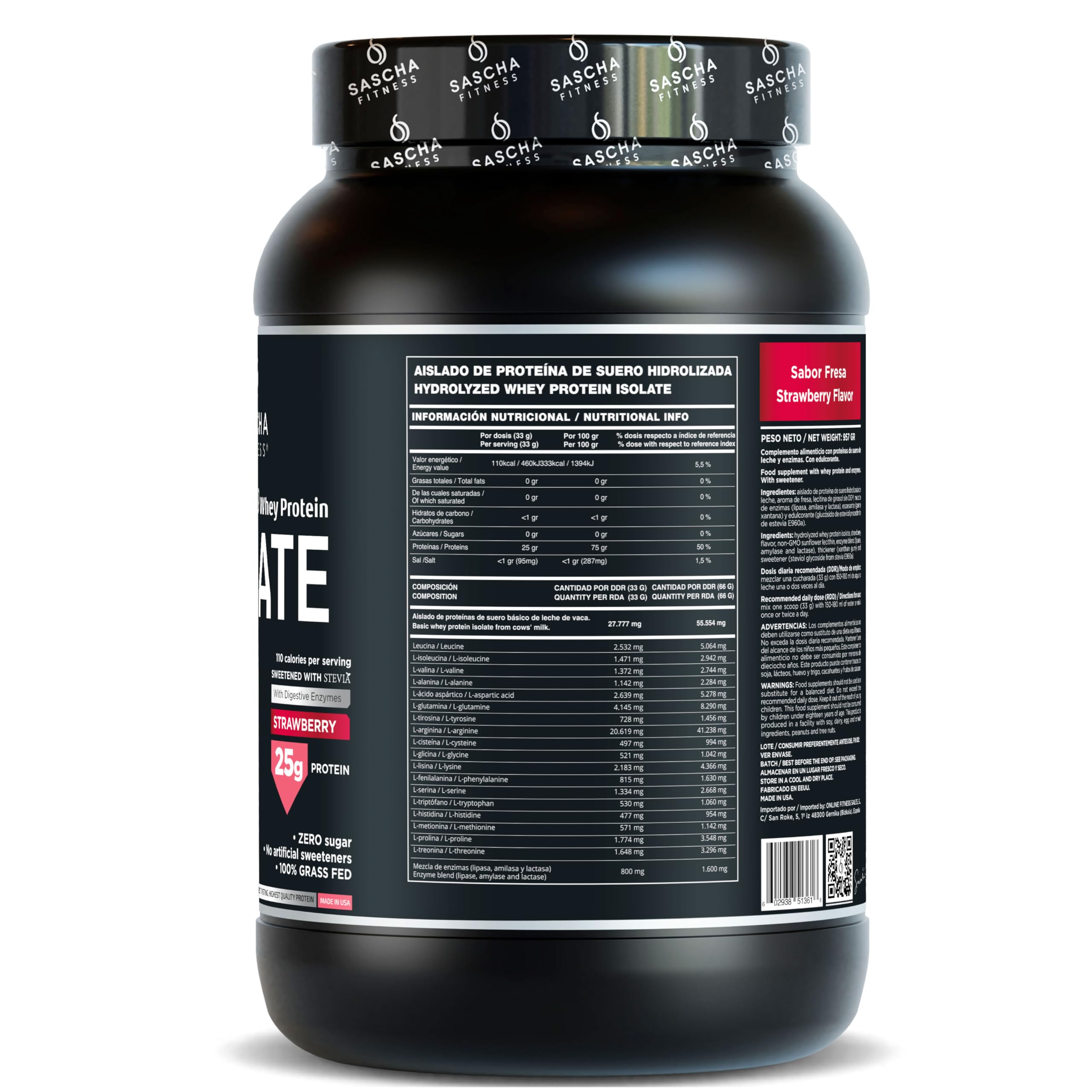 SASCHA FITNESS textura del polvo sabor fresa, mezcla cremosa y fácil disolución