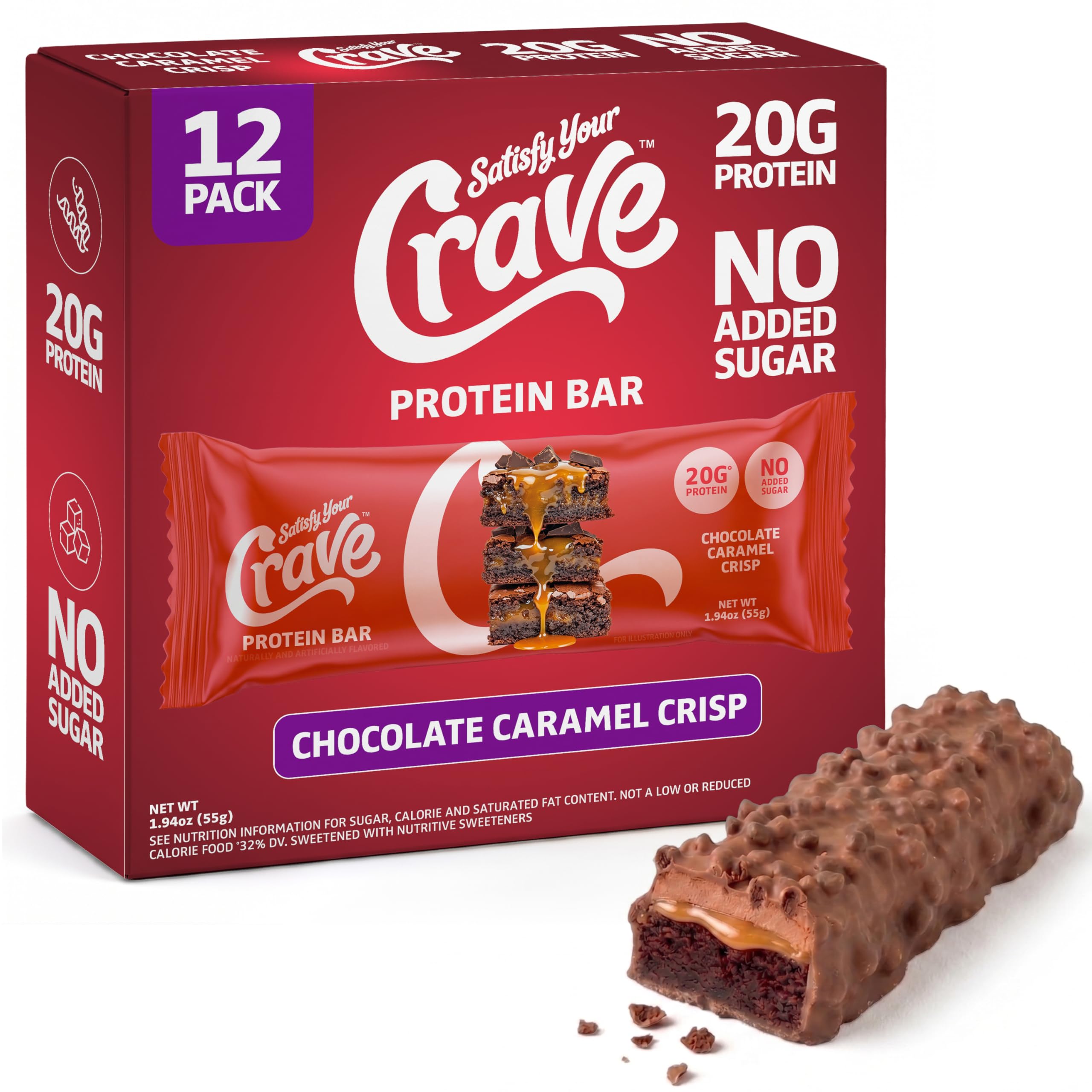 Satisfy Your Crave empaque frontal mostrando 12 unidades y beneficios nutricionales