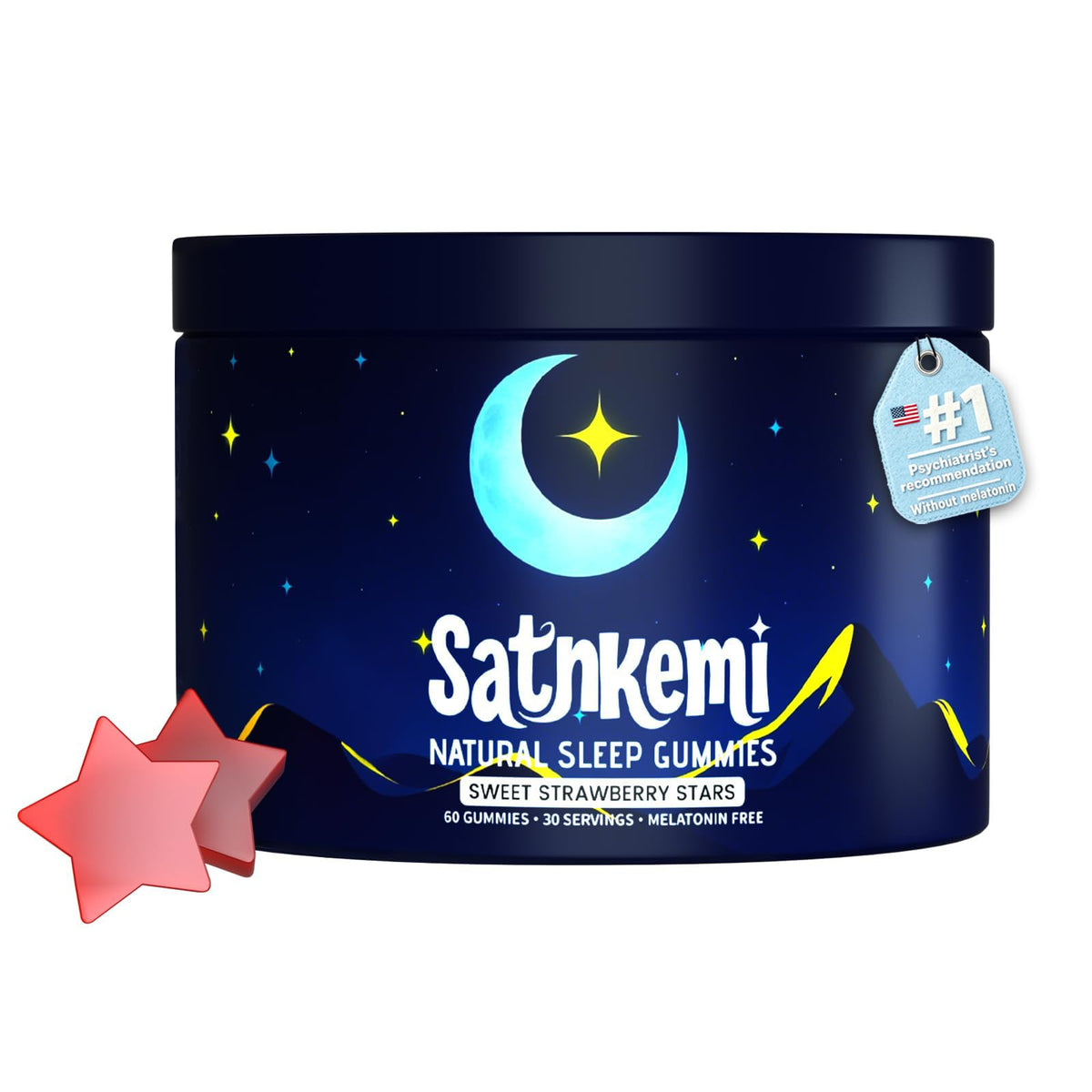 Satnkemi envase frontal de gomitas con diseño y cantidad visible, apoya relajación