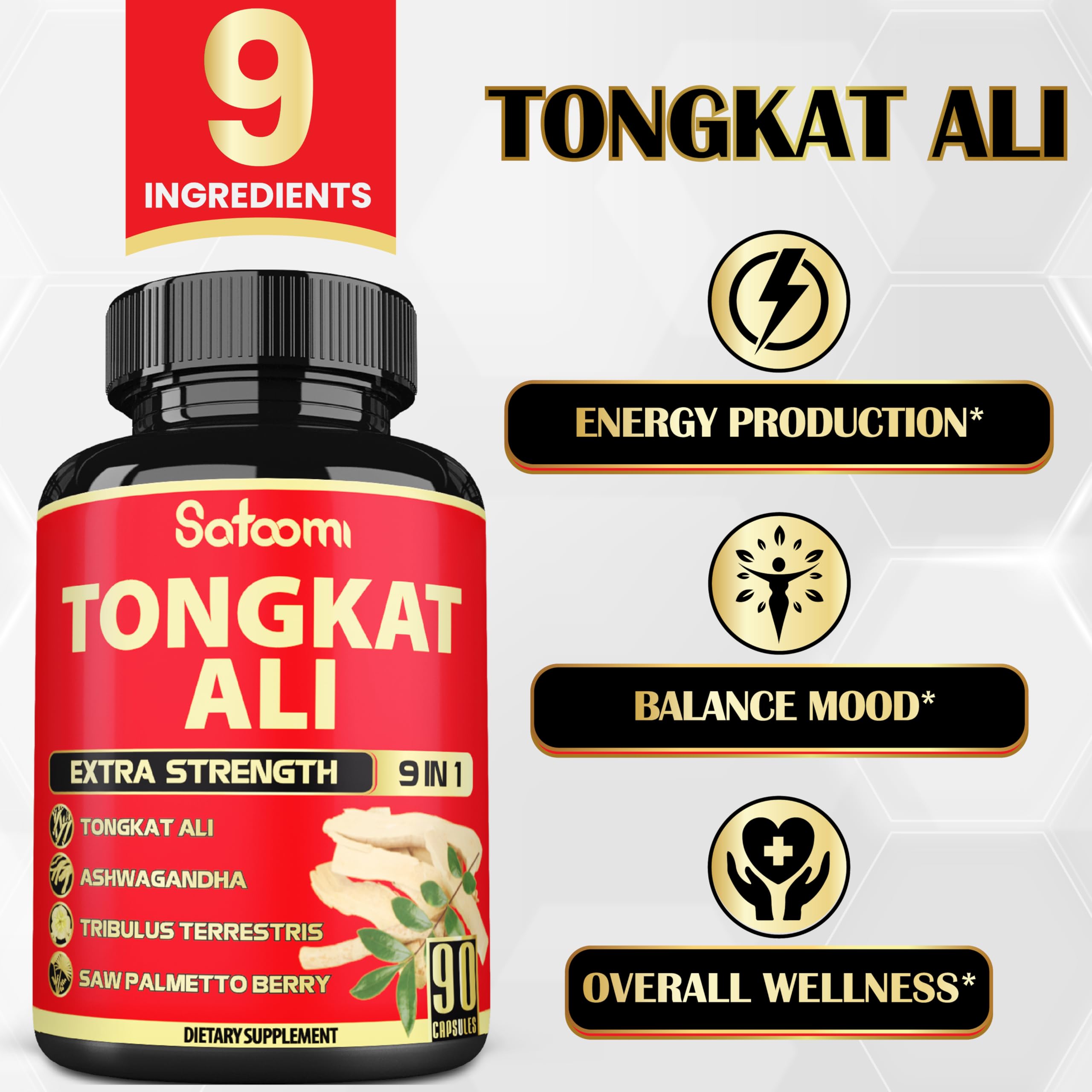Satoomi ingredientes naturales dispuestos para destacar la mezcla 9in1