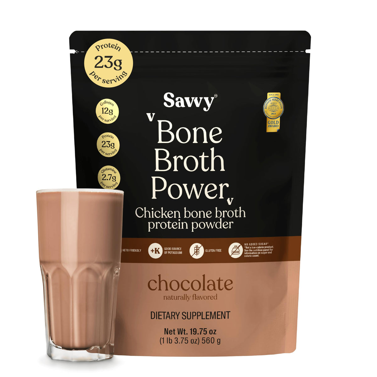 Envase SAVVY Bone Broth Power Chocolate, vista frontal y beneficios nutritivos