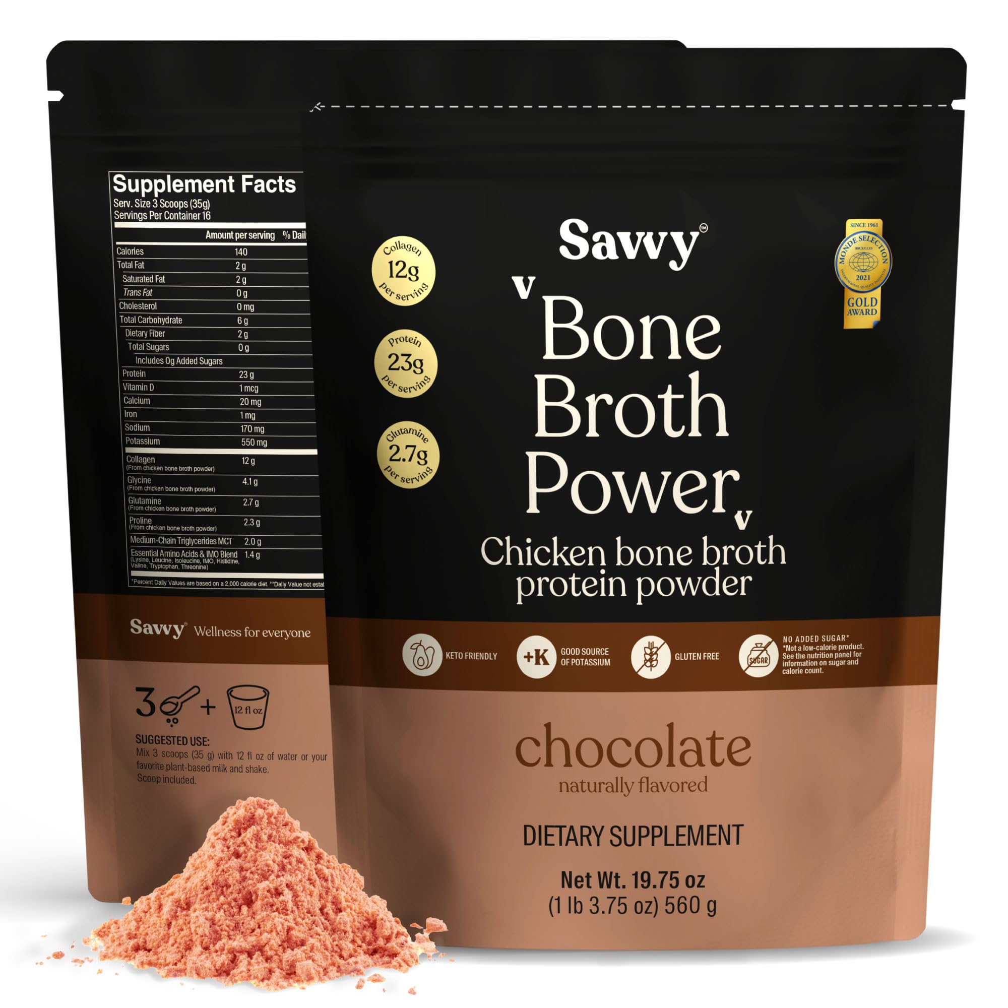Textura del polvo SAVVY con cacao, muestra mezcla fácil y sabor agradable