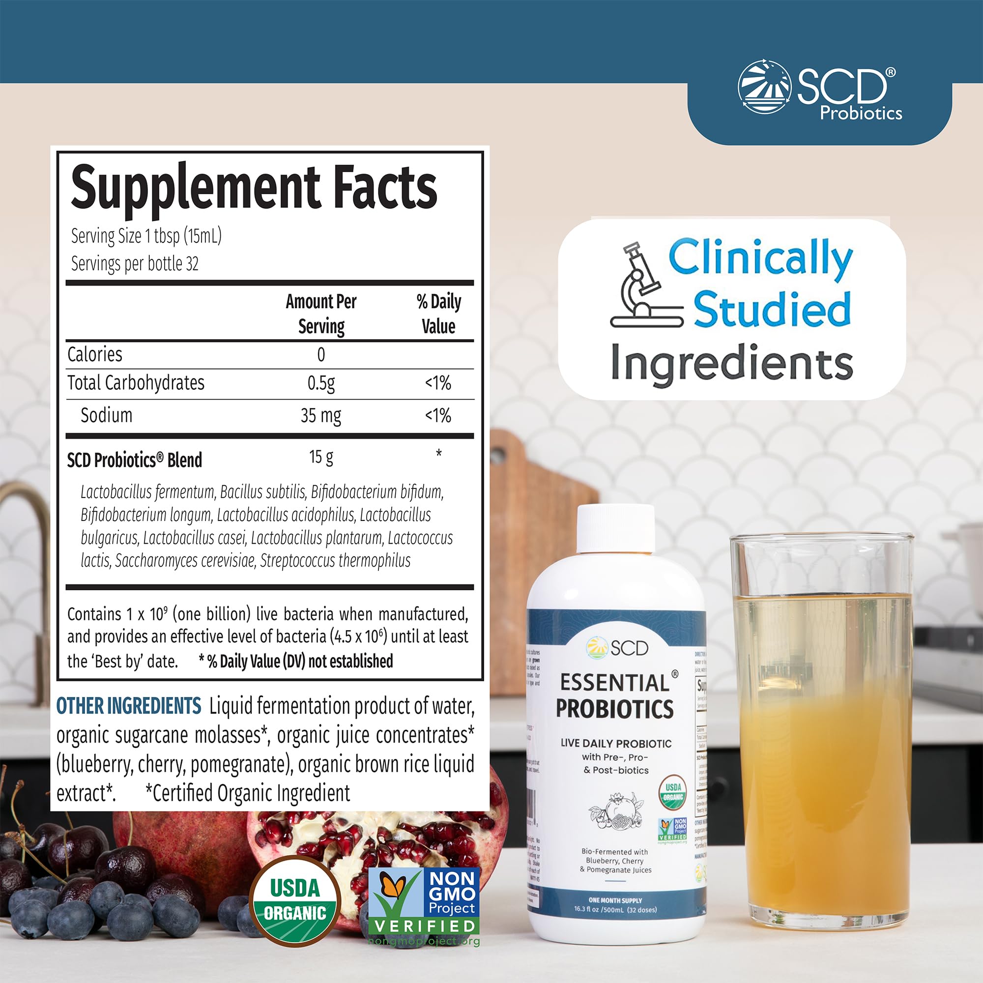 SCD Probiotics botella en cocina sobre encimera integrándose a la rutina