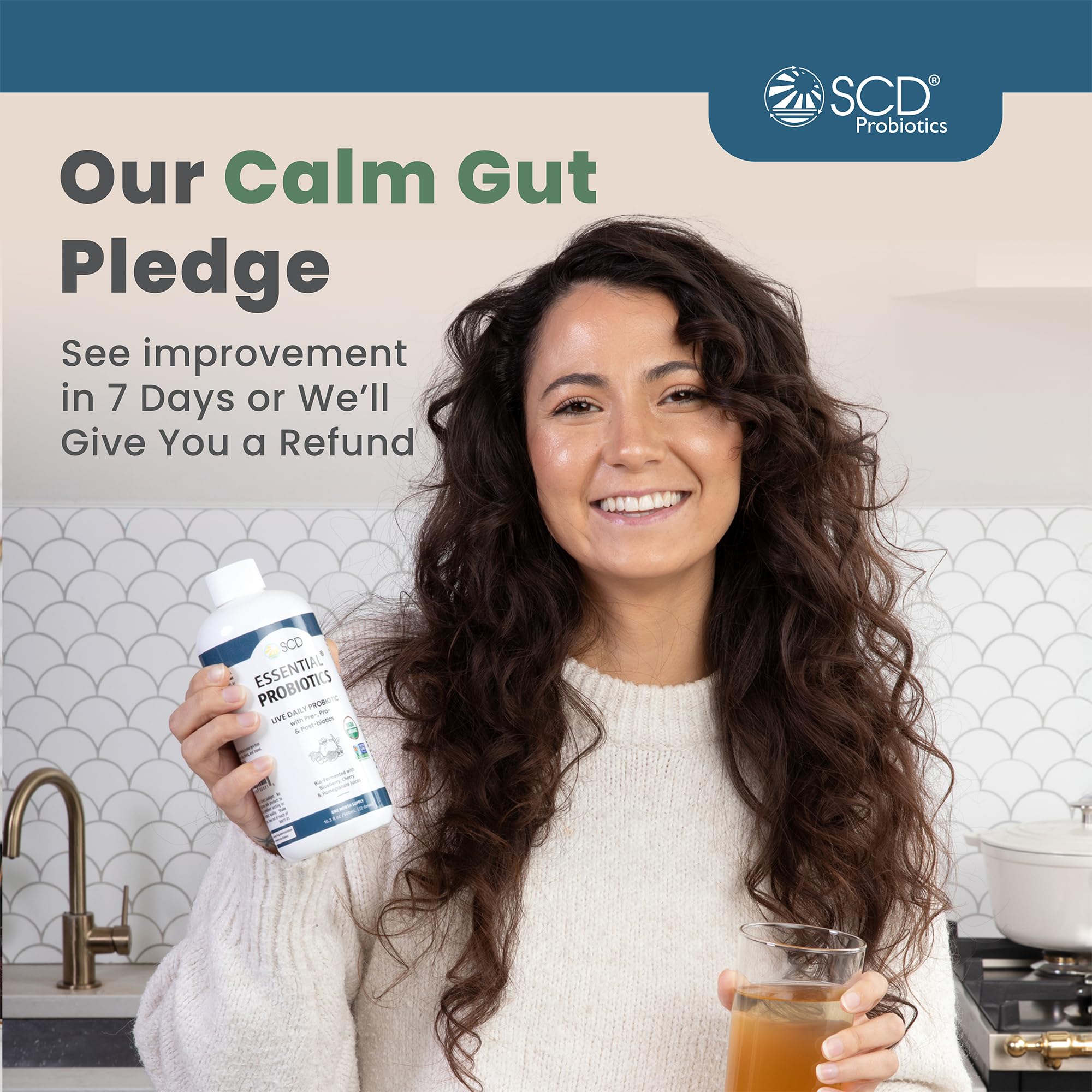 SCD Probiotics comparación de tamaño de la botella para estimar porciones