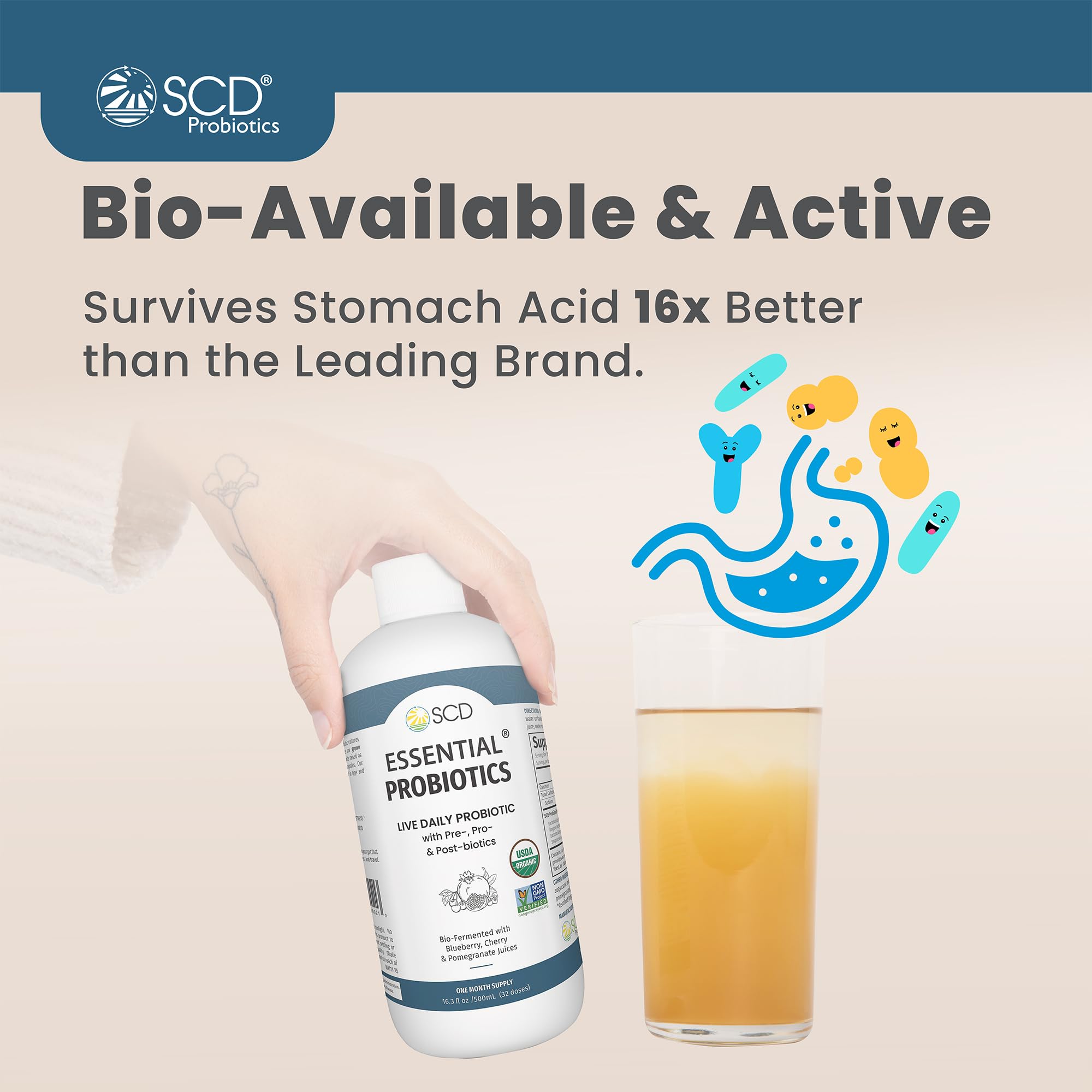 SCD Probiotics etiqueta con información de cepas y pH balanceado clara