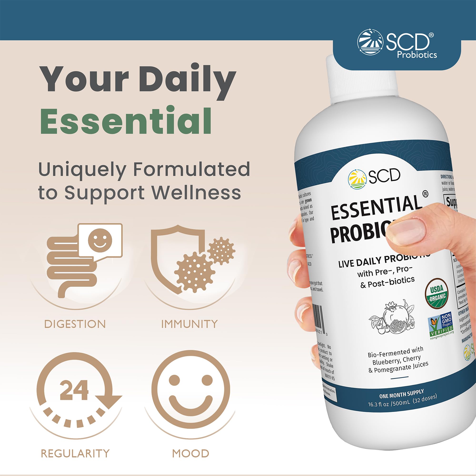 SCD Probiotics primer plano del líquido que destaca textura y mezcla fácil