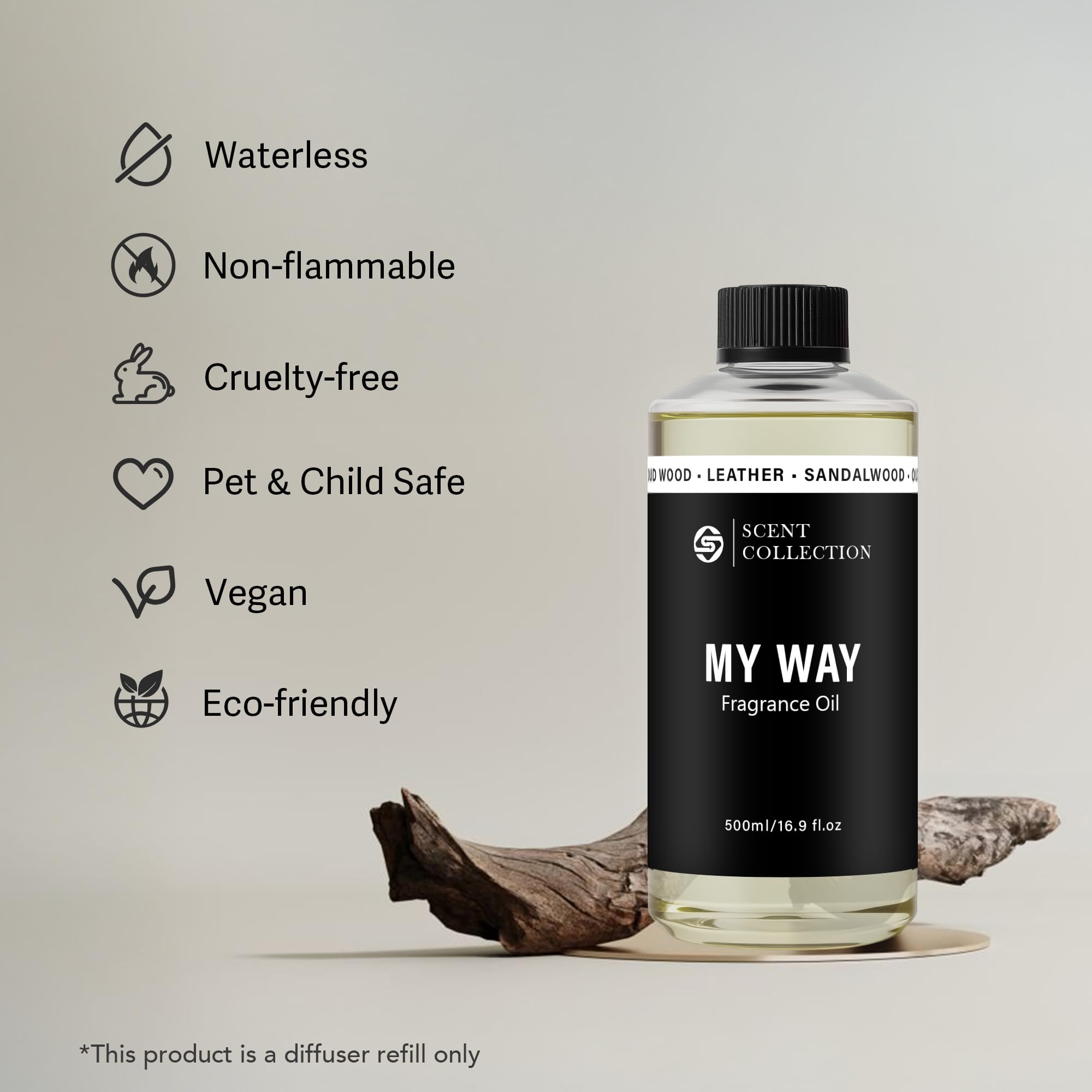 scent collection botella junto a manos para comparar tamaño y capacidad de 500 ml