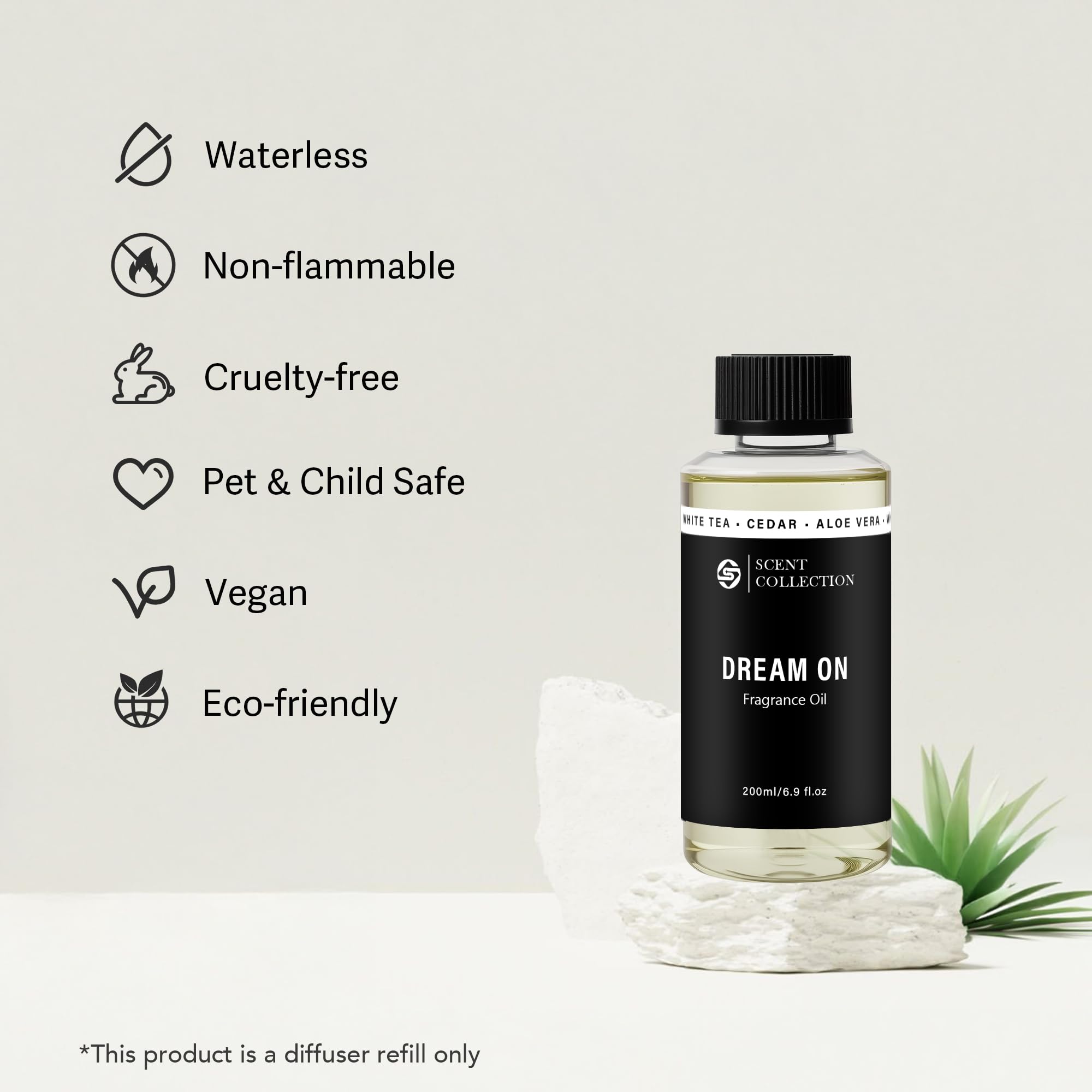 scent collection botella 200 ml junto a una mano para referencia de tamaño