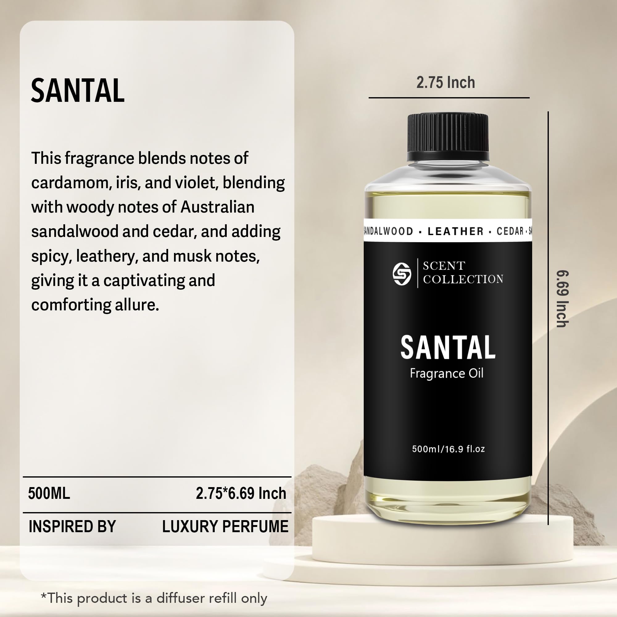 Scent Collection botella junto a difusor en sala transmitiendo ambiente lujoso