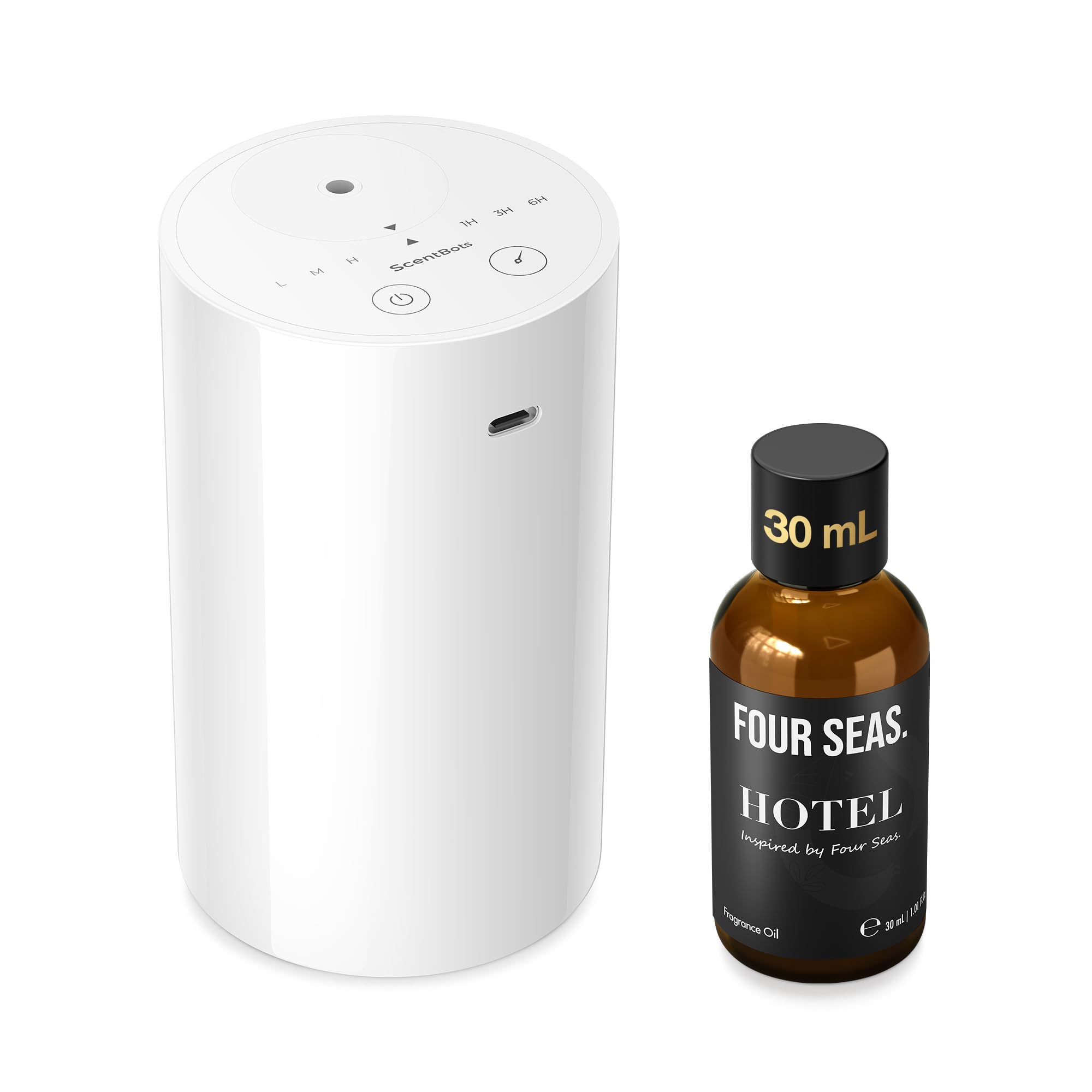 ScentBots vista frontal del difusor negro mostrando controles y diseño elegante