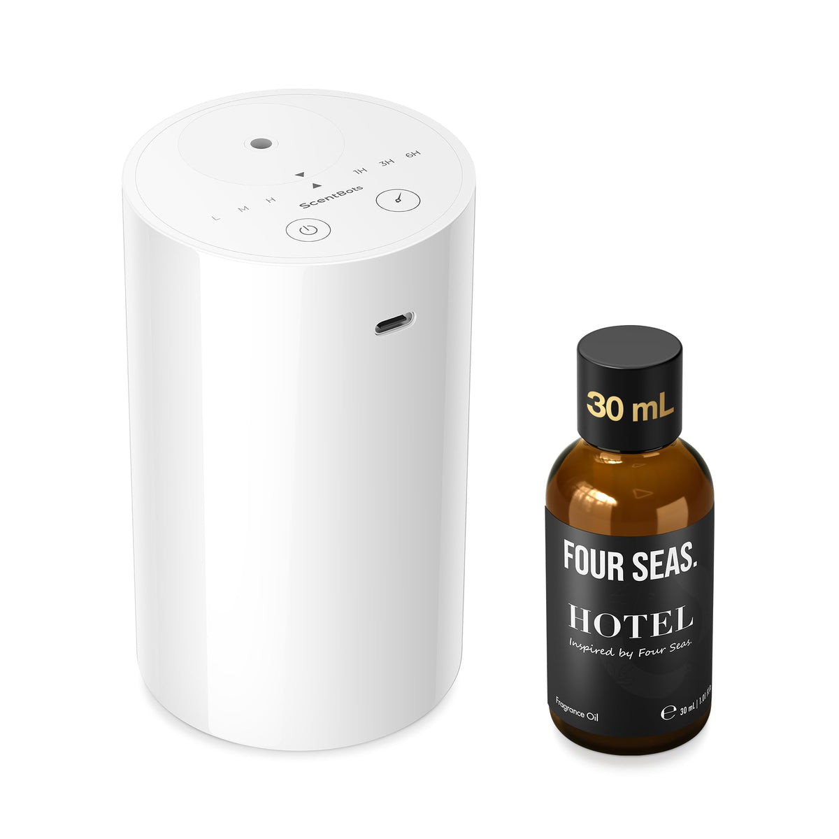 ScentBots vista frontal del difusor negro mostrando controles y diseño elegante