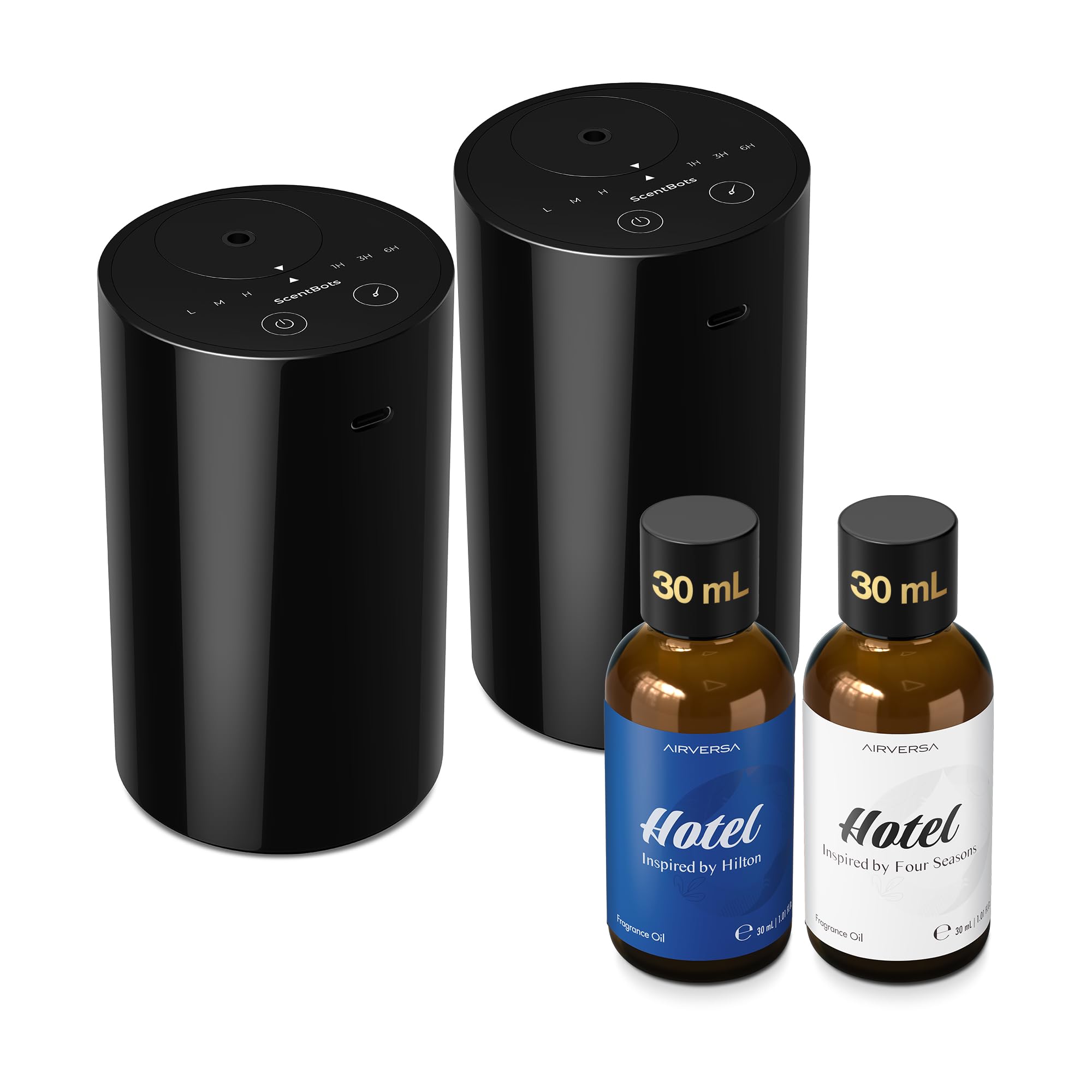 ScentBots vista frontal del kit mostrando difusor y dos botellas, ideal para ambientar habitaciones