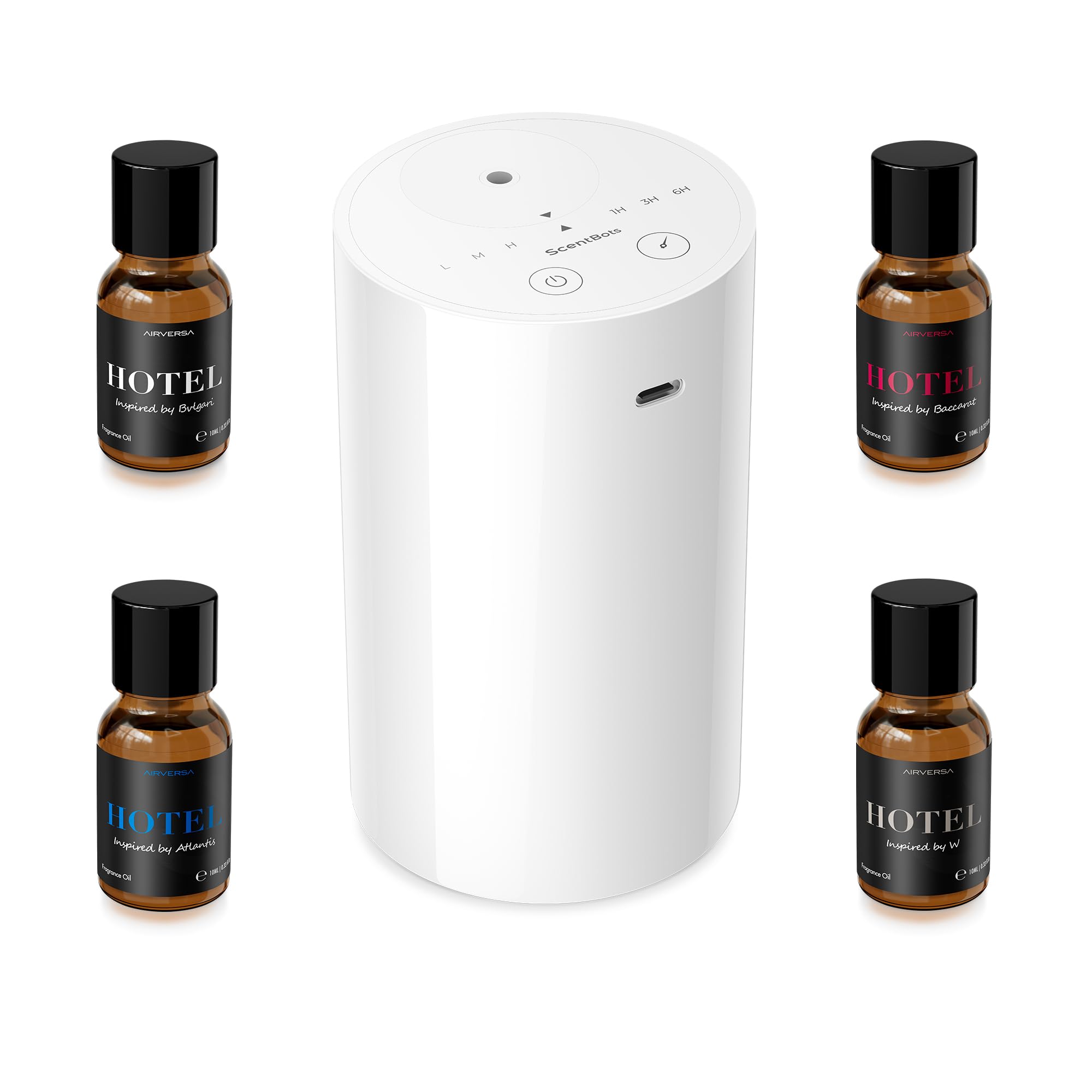 ScentBots vista frontal del difusor y accesorios, muestra kit completo y portabilidad