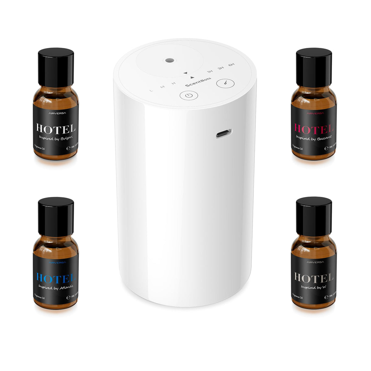 ScentBots vista frontal del difusor y accesorios, muestra kit completo y portabilidad