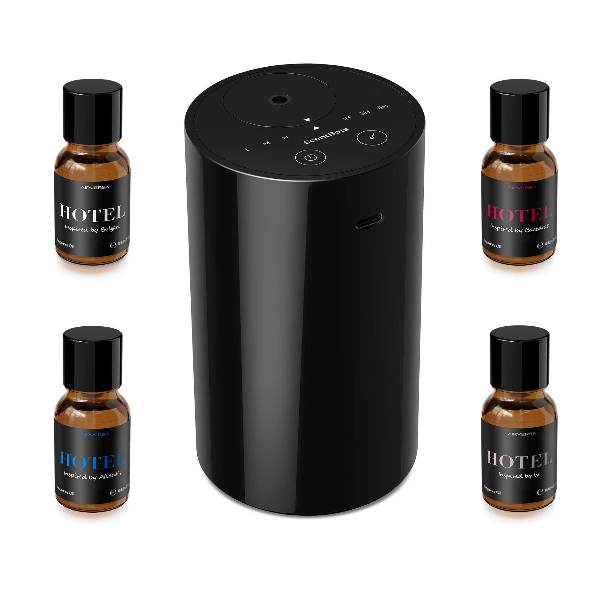 ScentBots vista frontal del kit negro mostrando diseño portátil y elegante