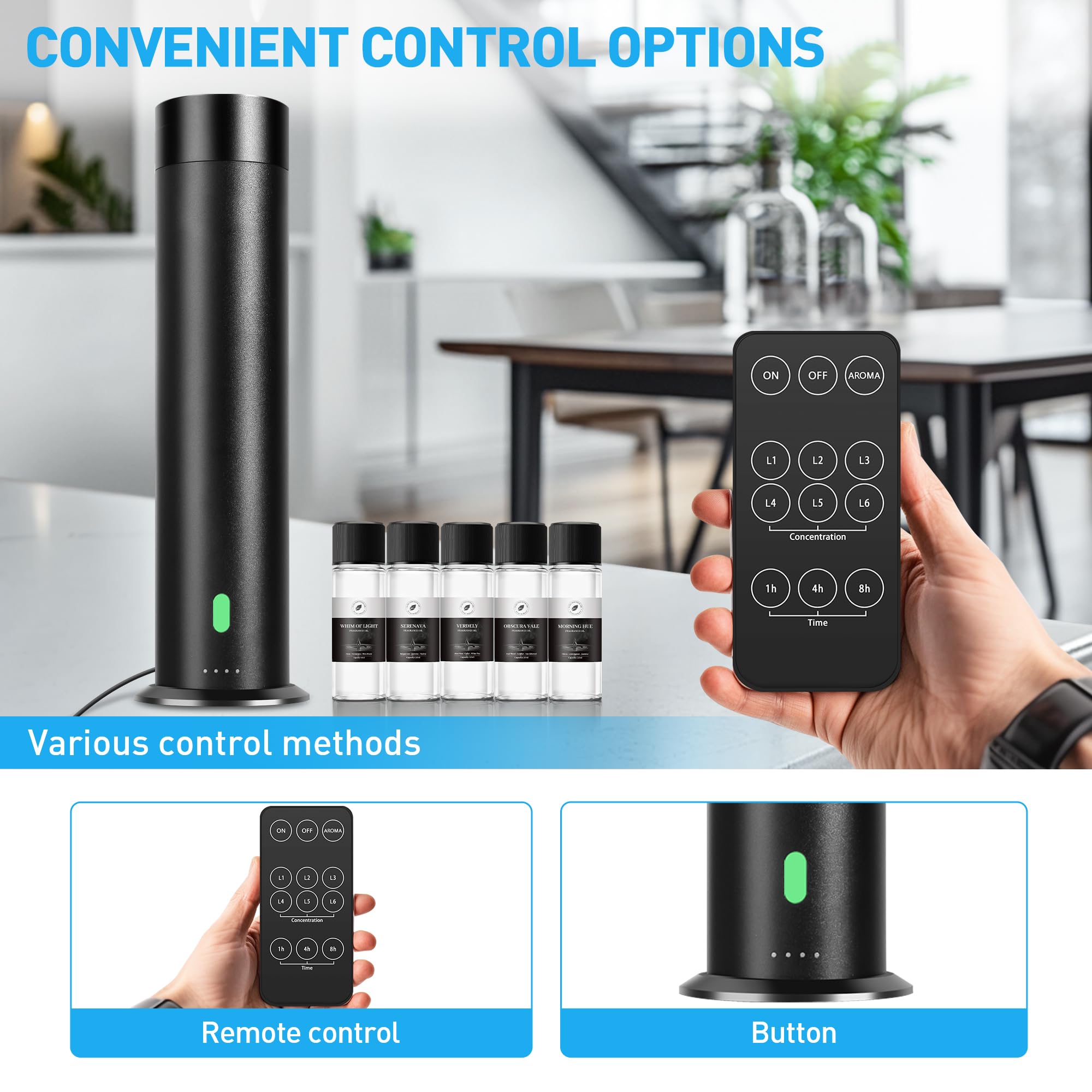 ScentDinbor control remoto en mano facilita ajuste a distancia y comodidad