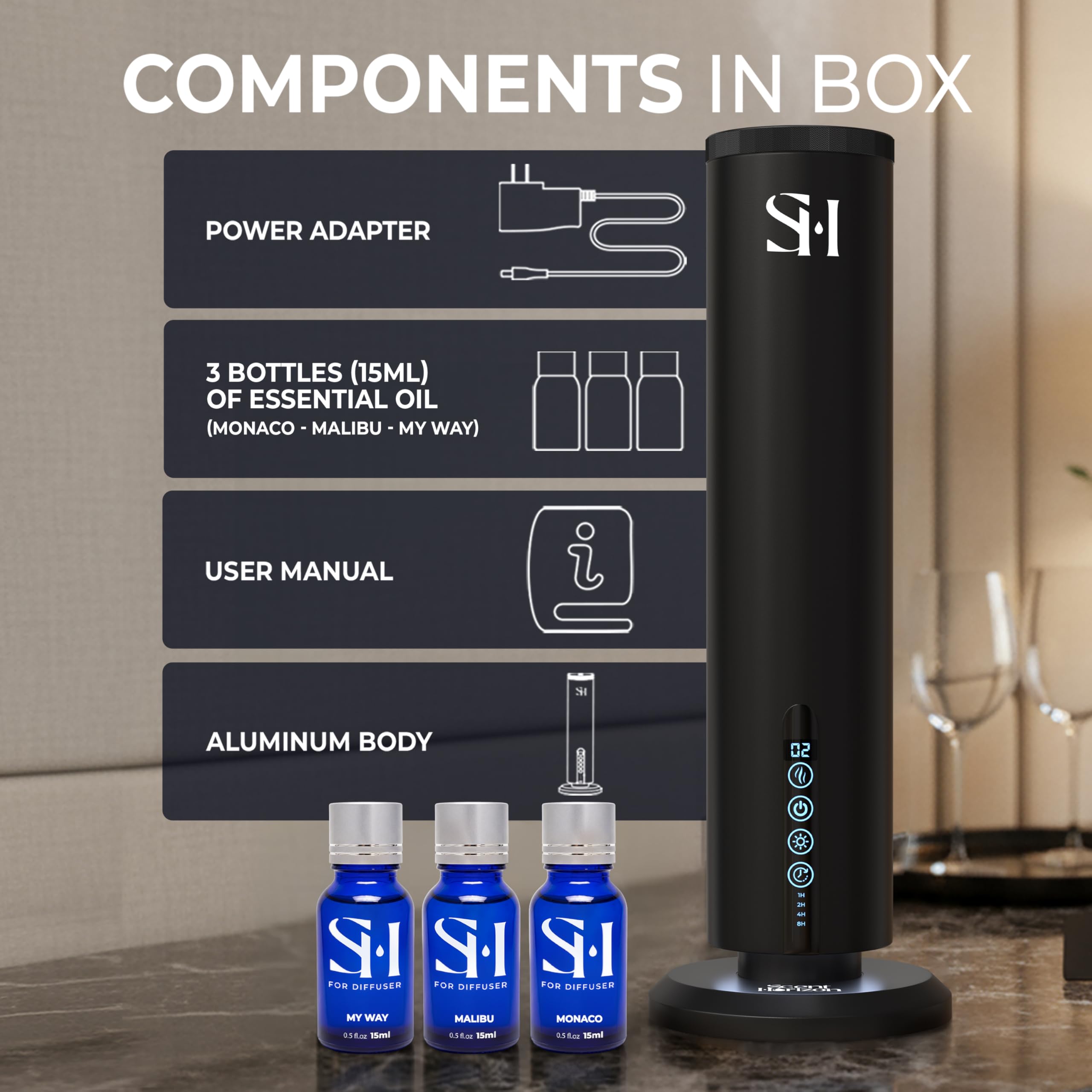 SCENTHORIZON difusor en salón difundiendo aroma constante ideal para áreas abiertas