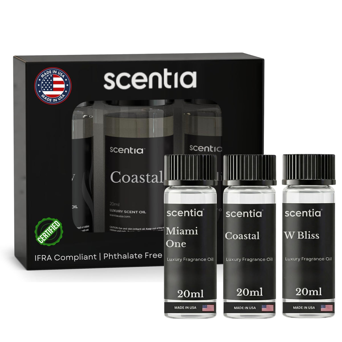 Scentia empaque frontal mostrando set elegante y presentación profesional