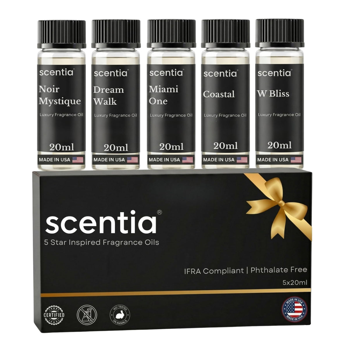 Scentia caja premium abierta mostrando las cinco botellas, elegante y lista para regalo