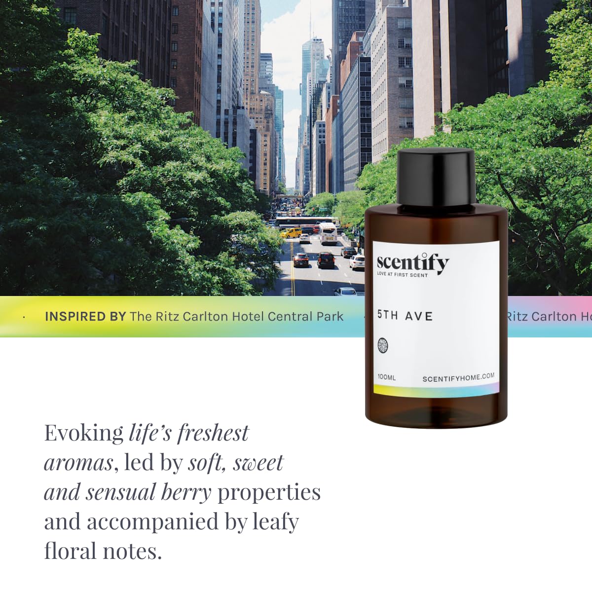 Scentify frasco 5th Ave junto a regla para comparación de tamaño clara