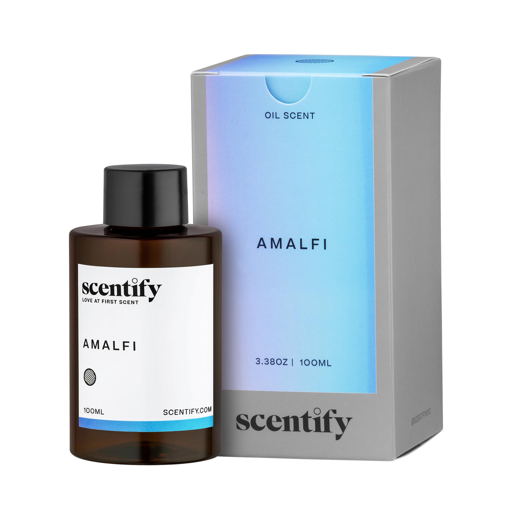 Scentify Amalfi botella frontal mostrando diseño ámbar y formato 100 ml para almacenamiento seguro