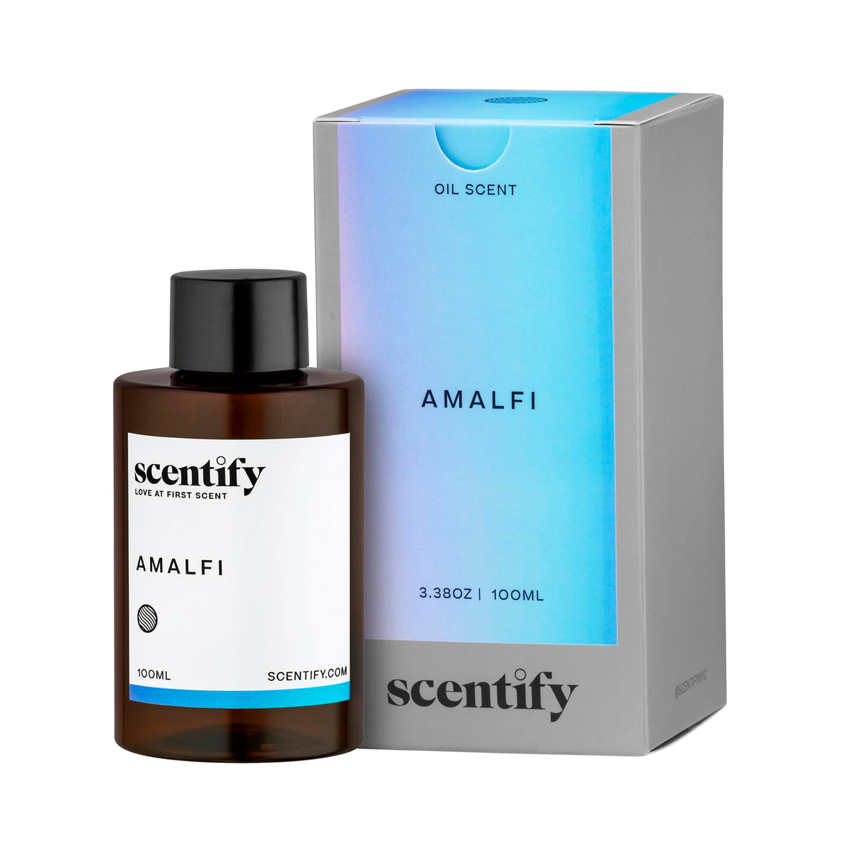 Scentify Amalfi botella frontal mostrando diseño ámbar y formato 100 ml para almacenamiento seguro