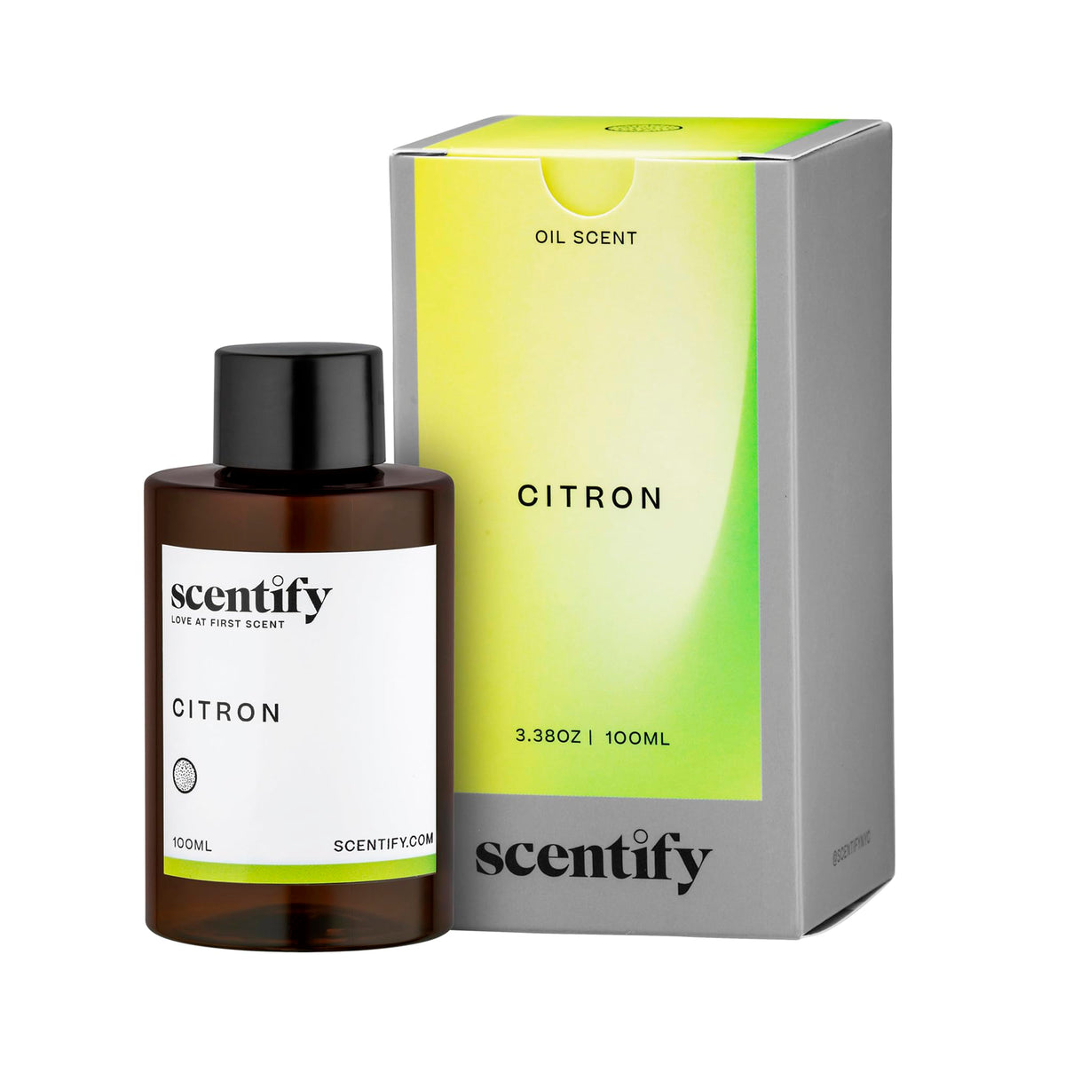 Scentify Citron botella frontal elegante, presenta aroma de hotel y conveniencia