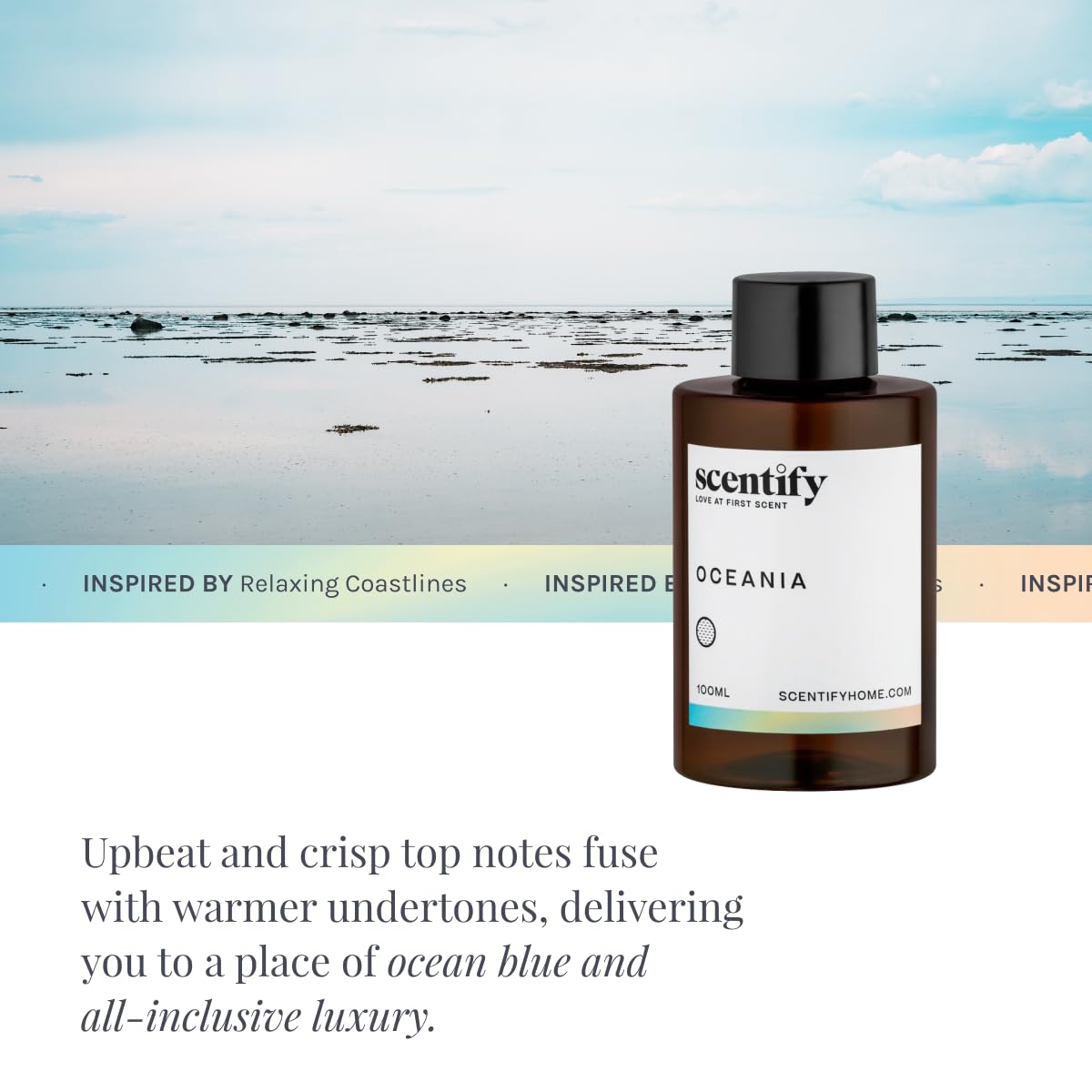 Scentify frasco Oceania tamaño 100 ml junto a objetos cotidianos para escala