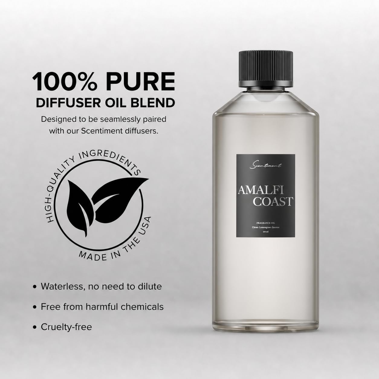 Scentiment botella 500 ml junto a objetos cotidianos para referencia de tamaño