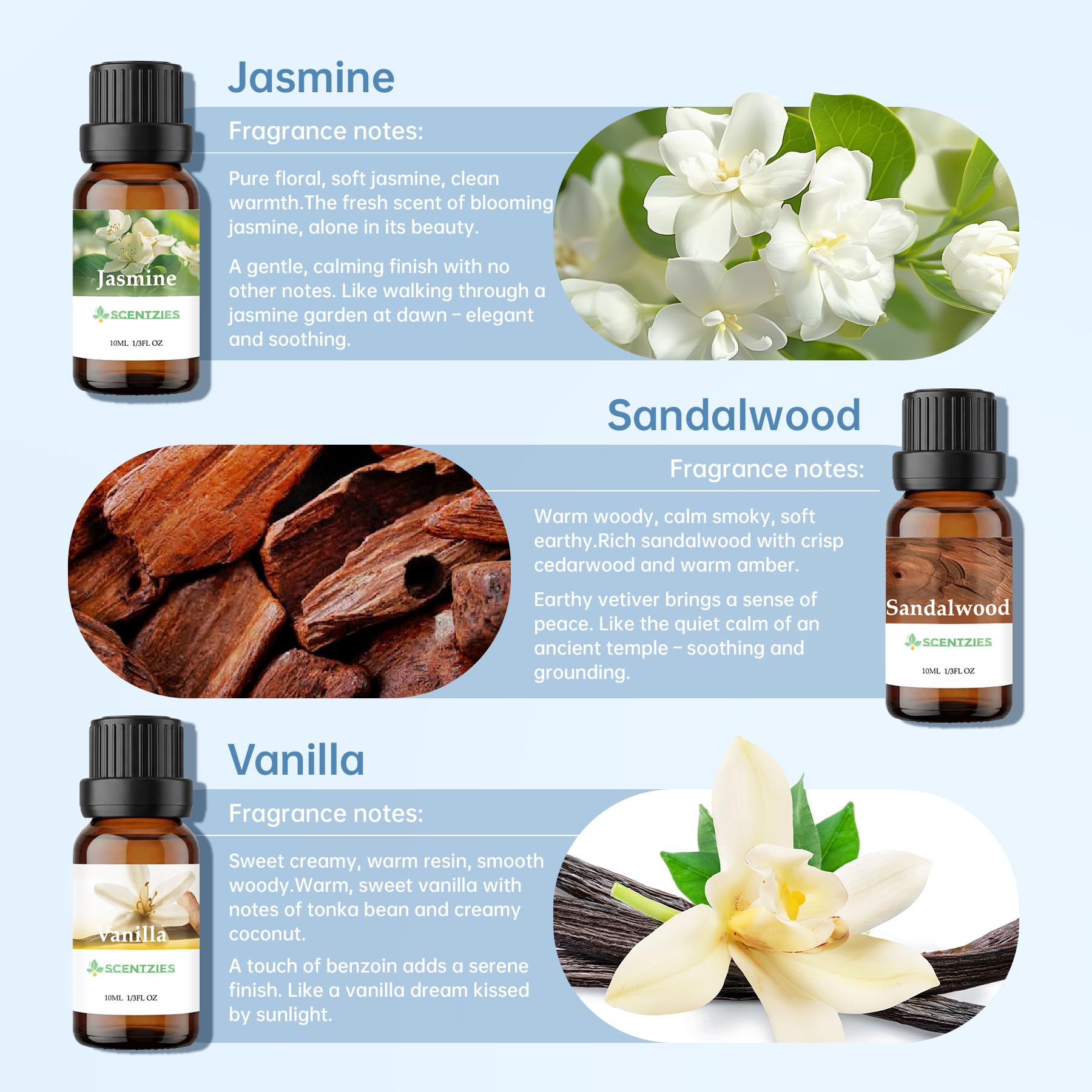 SCENTZIES etiqueta de jazmín con aroma fresco y natural en detalle