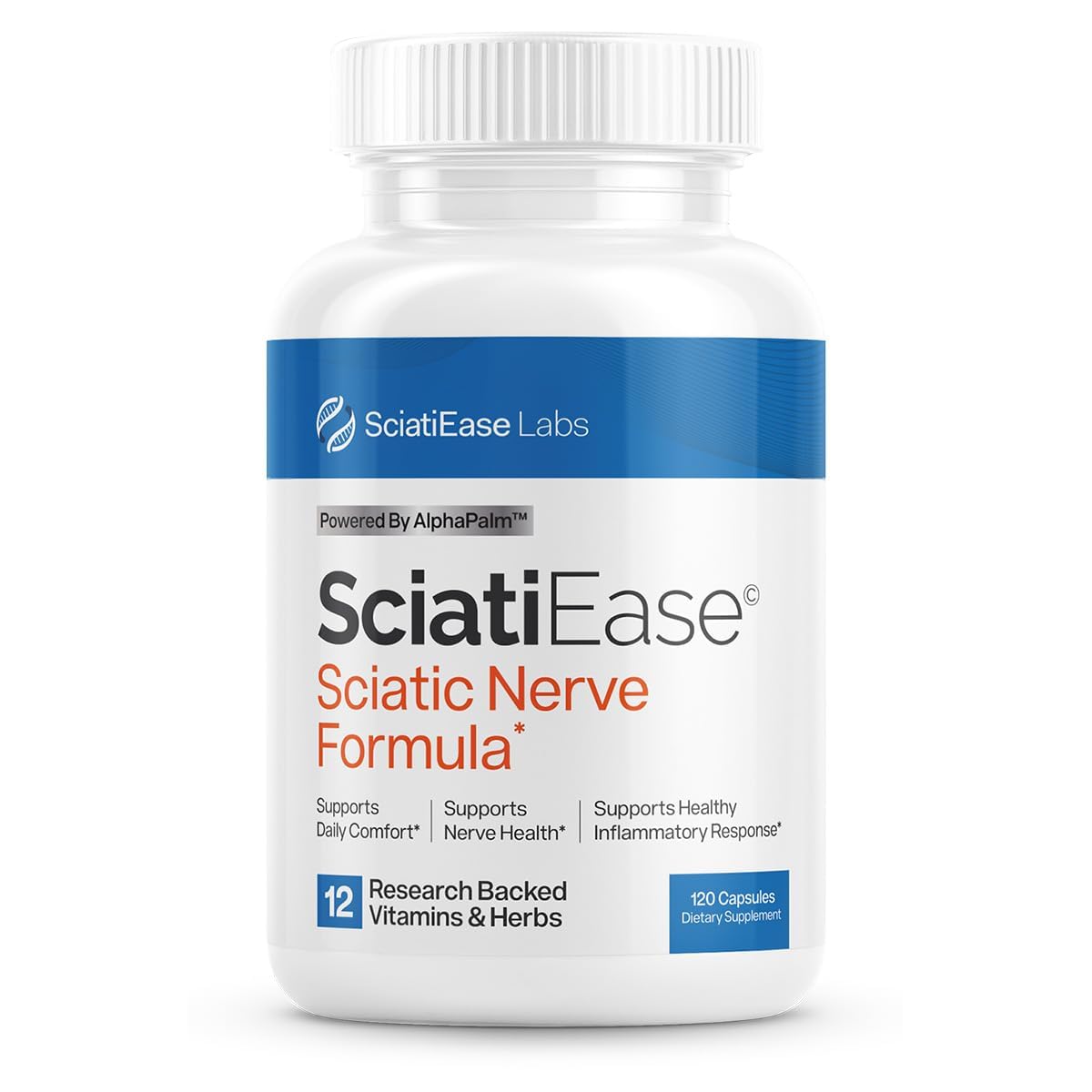 SciatiEase envase frontal mostrando 120 cápsulas y beneficios principales