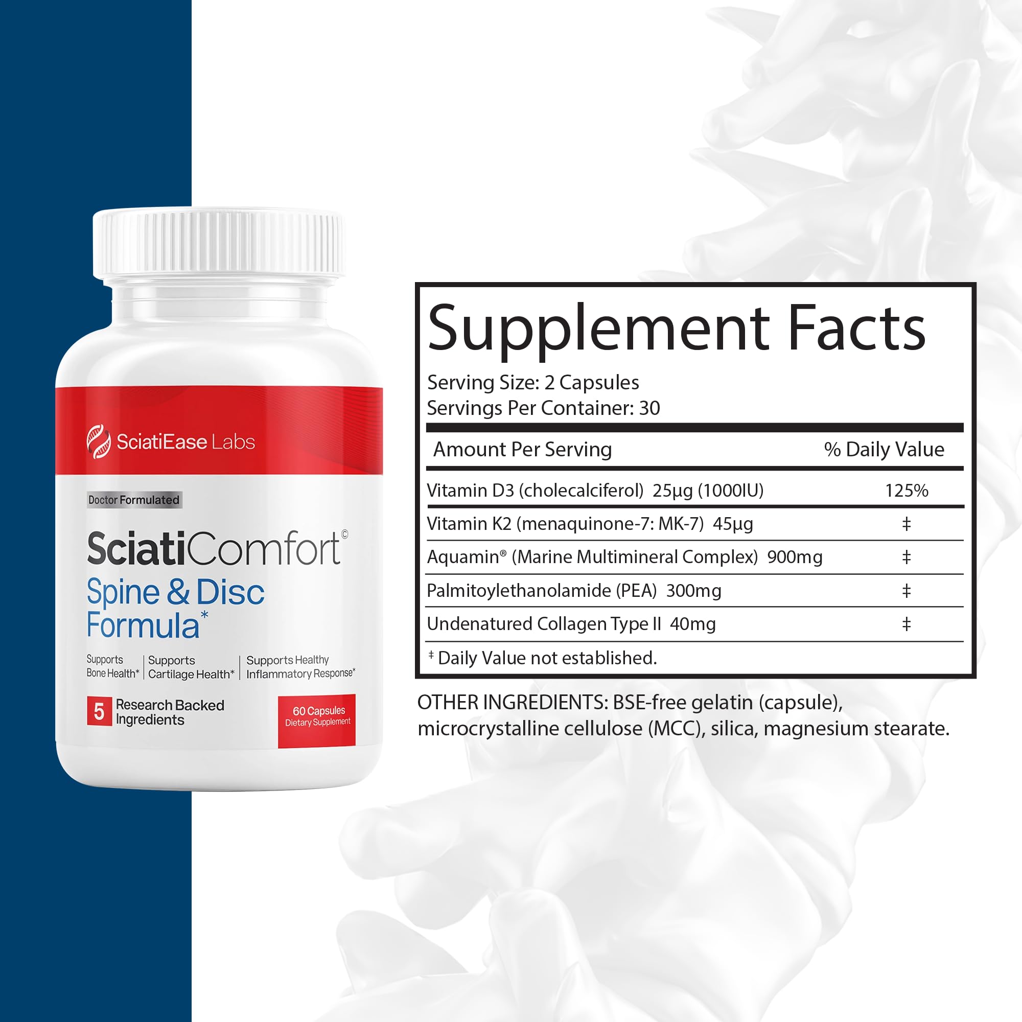 SciatiEase etiqueta con ingredientes clave y beneficios para discos