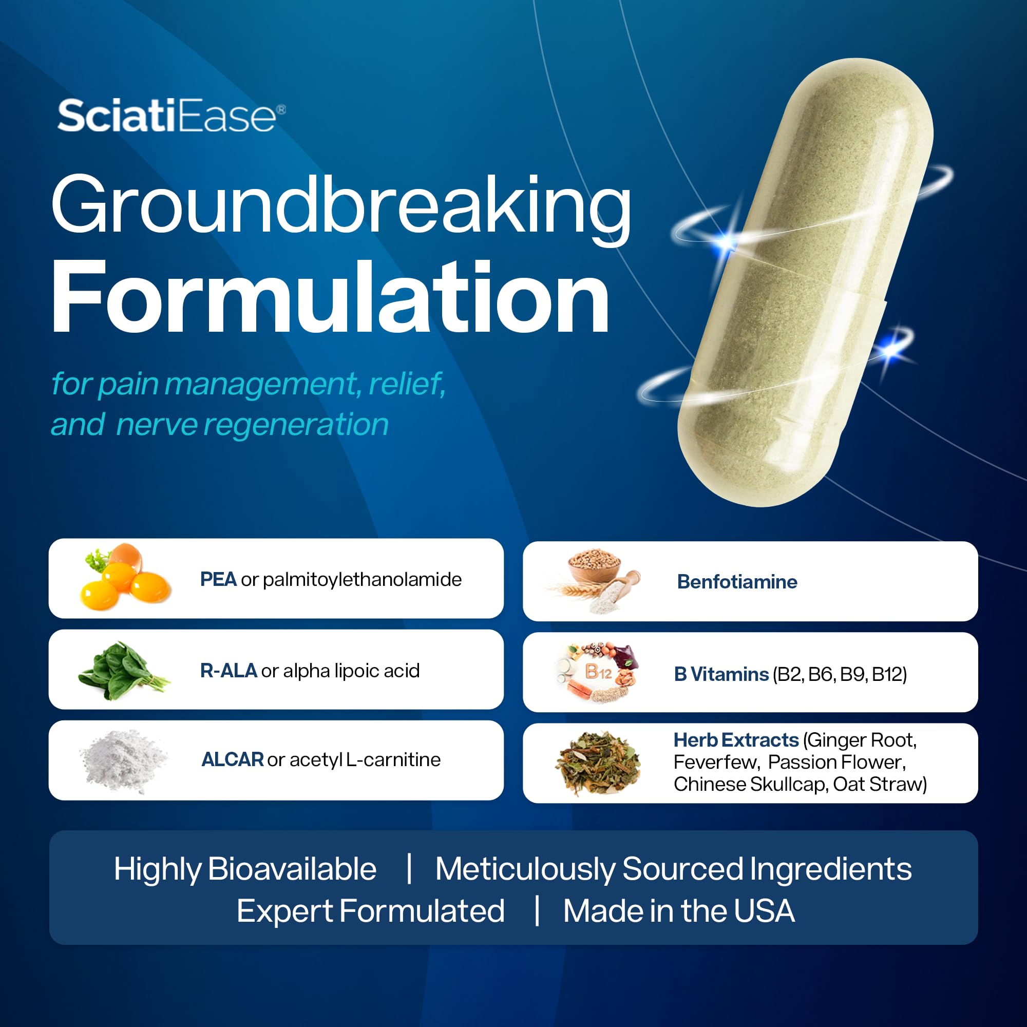 SciatiEase textura de cápsula en primer plano indicando calidad y pureza
