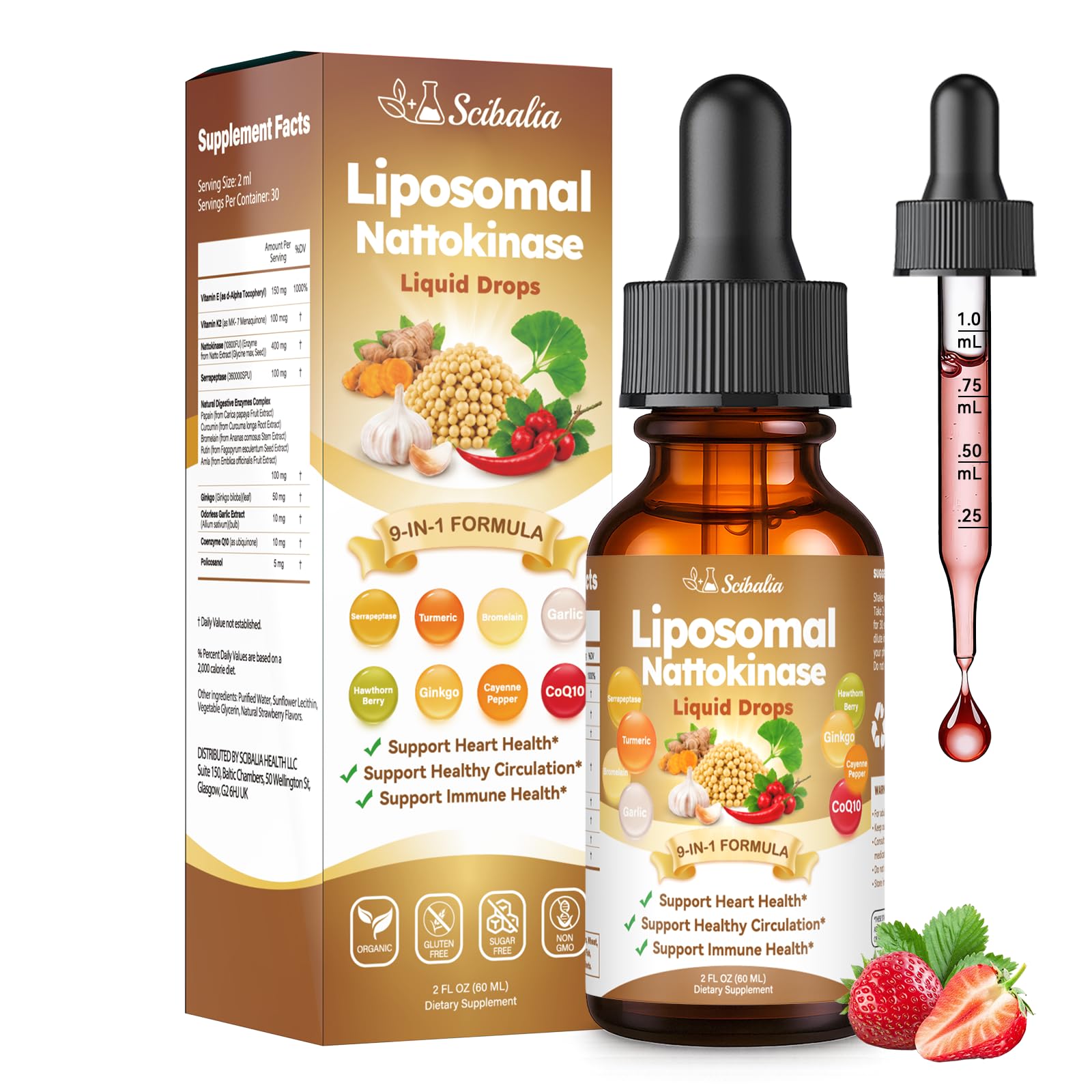 Scibalia envase frontal mostrando nattokinase 10800 FU y beneficios visibles