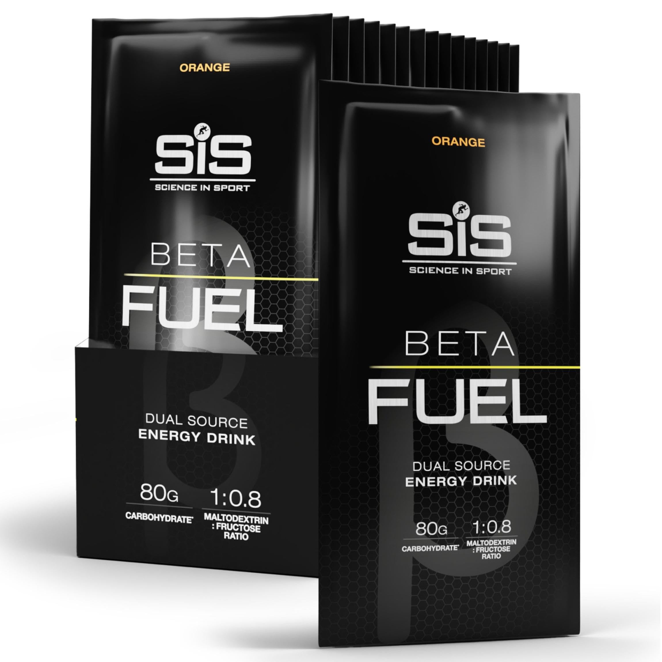 Science in Sport paquete frontal naranja mostrando sobres y beneficios prácticos