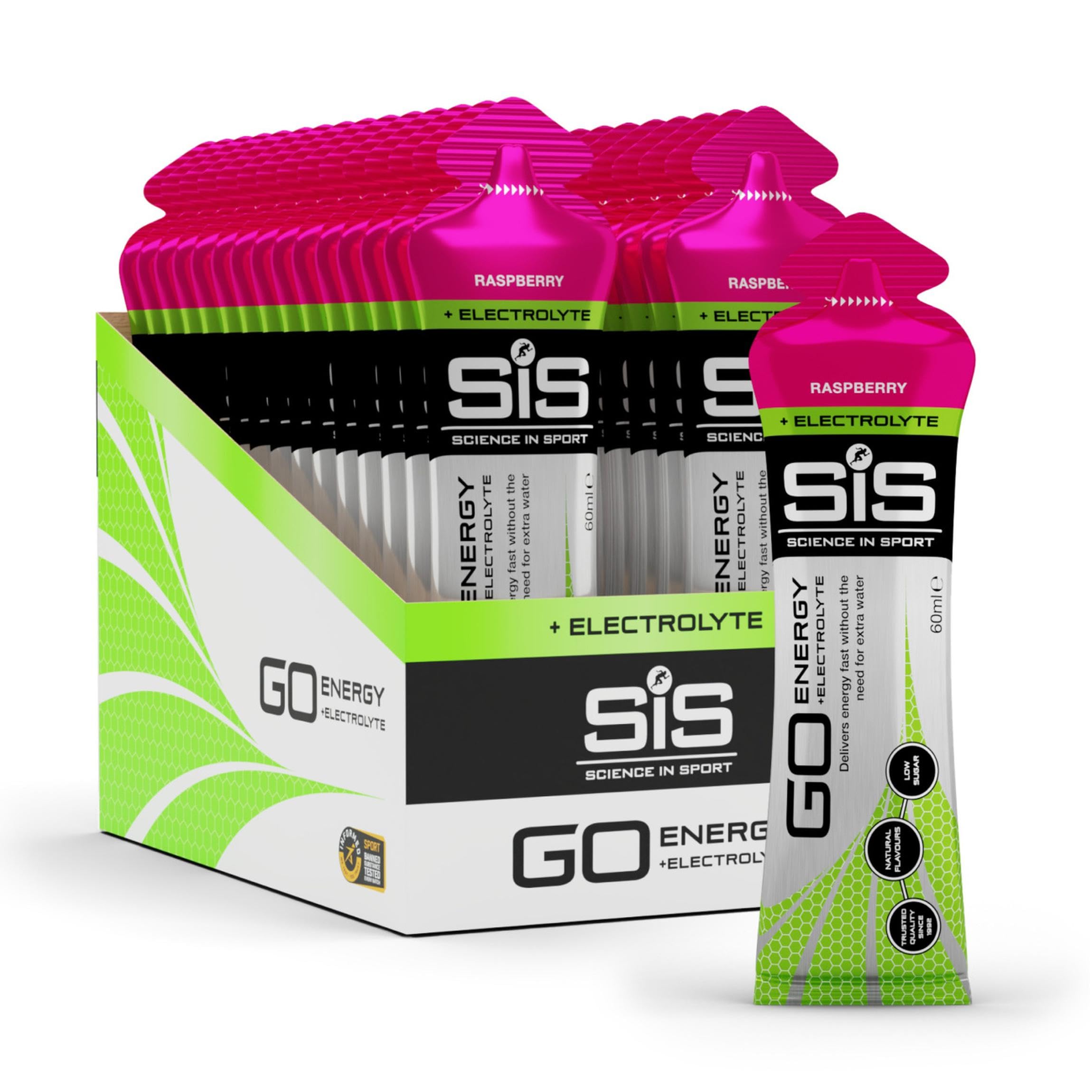 Science in Sport frontal del envase del gel frambuesa, práctico y energético