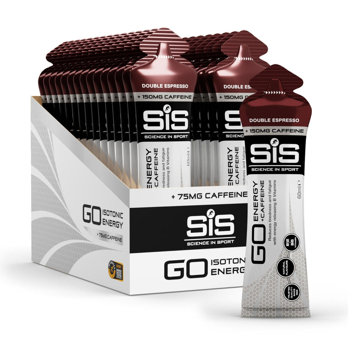 Science in Sport gel doble espresso frontal mostrando el envase y beneficios energéticos