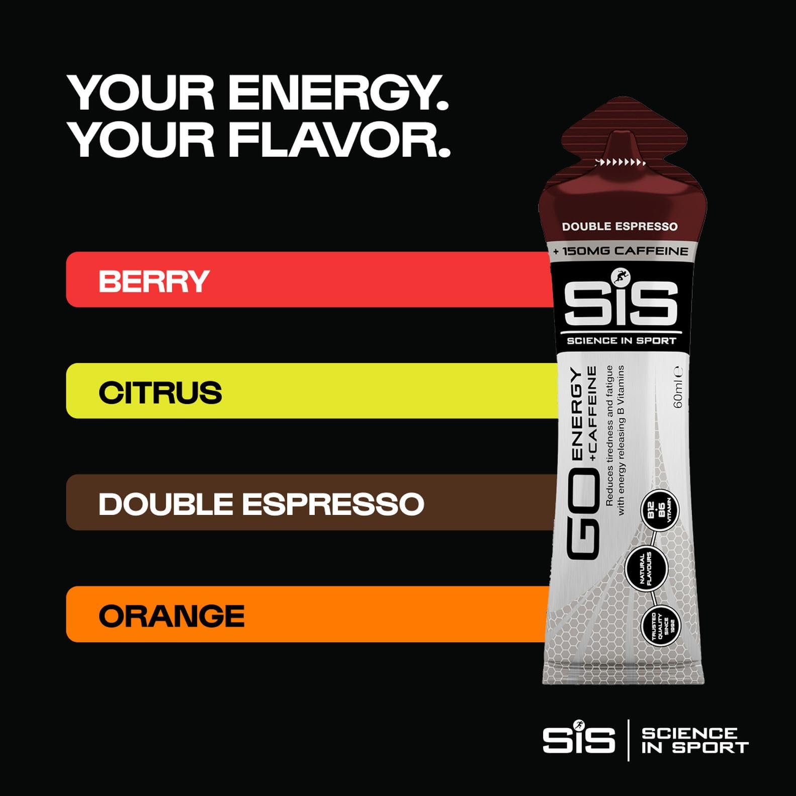 Science in Sport gel panel de ingredientes indicando 22 g carbohidratos y 75 mg cafeína