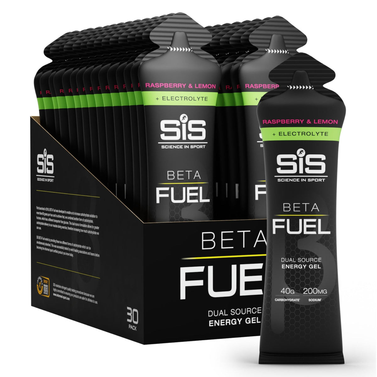 Science in Sport empaquetado frontal mostrando 30 sobres y conveniencia