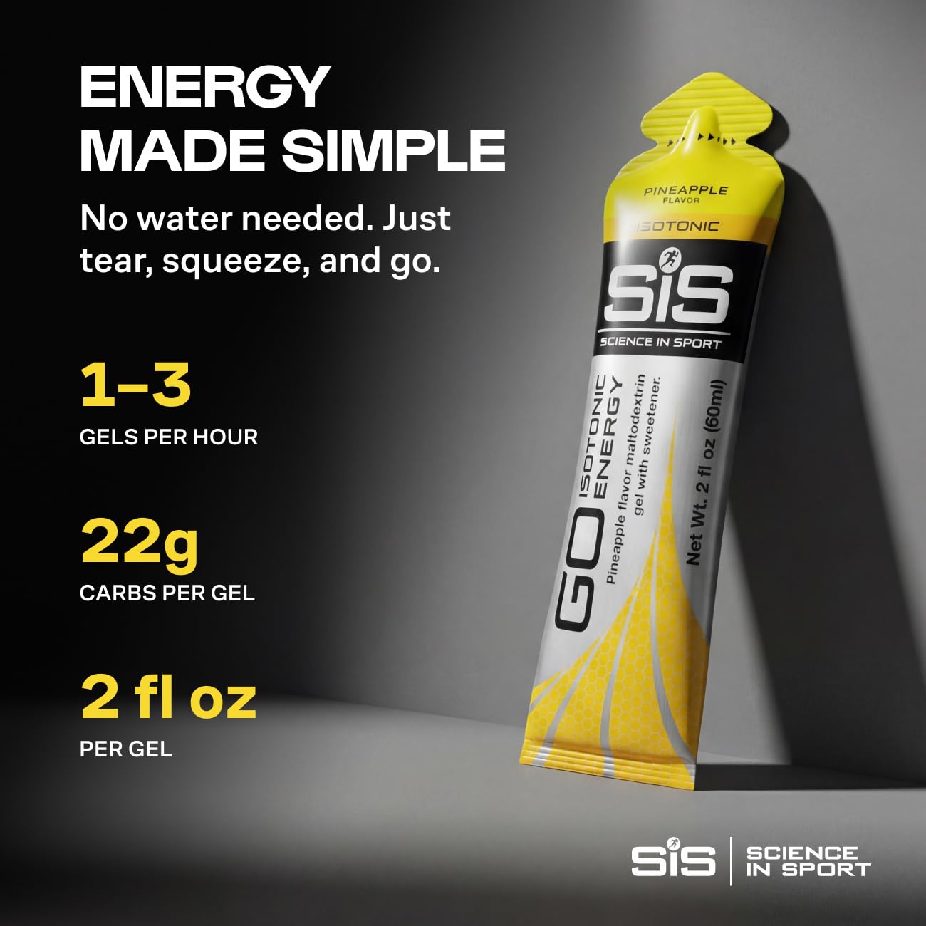 Science in Sport gel en mano de corredor durante carrera, energía inmediata