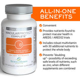 ScienceBased Health frasco abierto con pastillas visibles para apoyo macular y multivitamínico