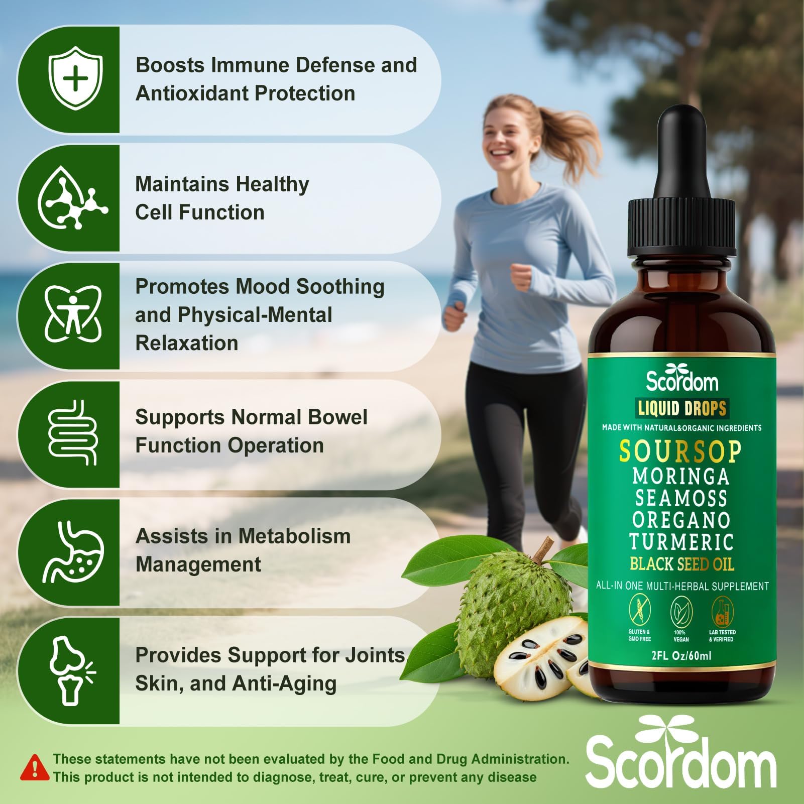 SCORDOM etiqueta con ingredientes detallados y beneficios botánicos claros