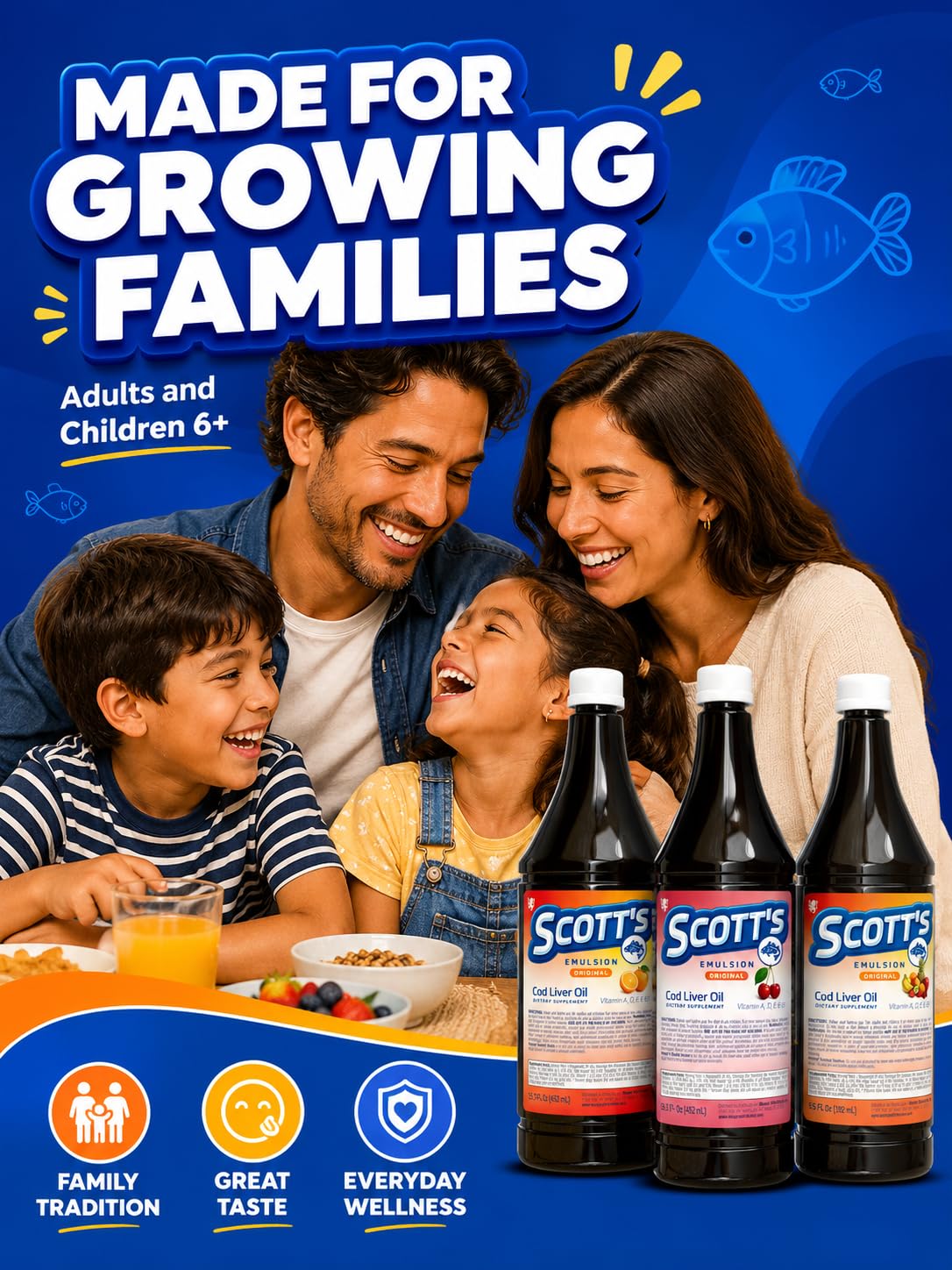 SCOTT'S EMULSION botella abierta vertiendo dosis, facilidad de uso