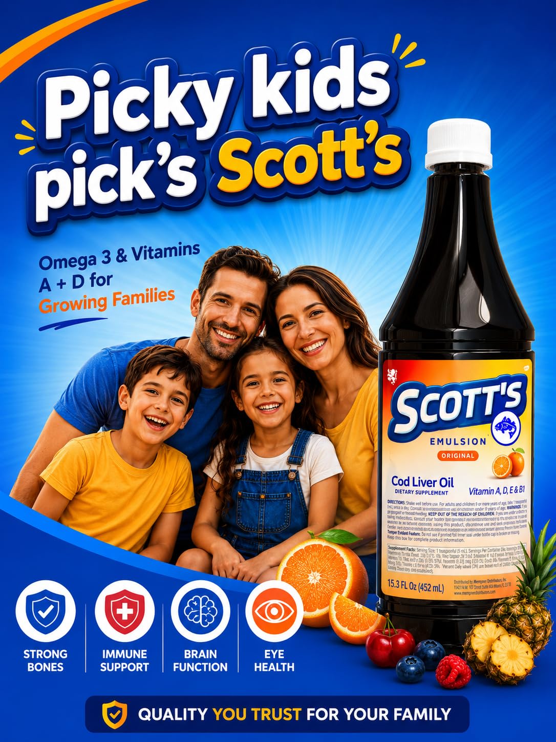 SCOTT'S EMULSION aceite servido en vaso con naranja, integración en recetas