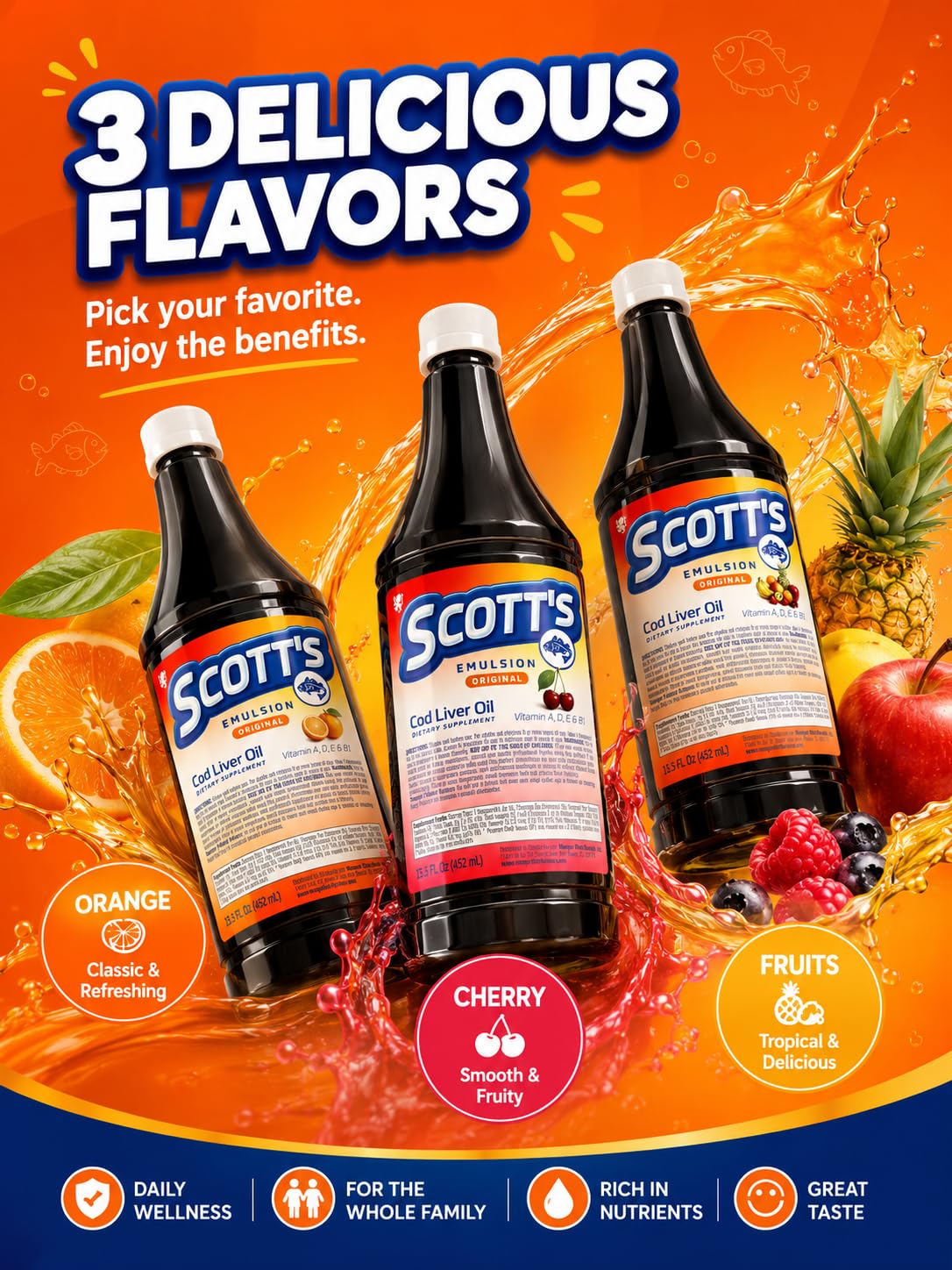 SCOTT'S EMULSION etiqueta nutricional legible, información de vitaminas