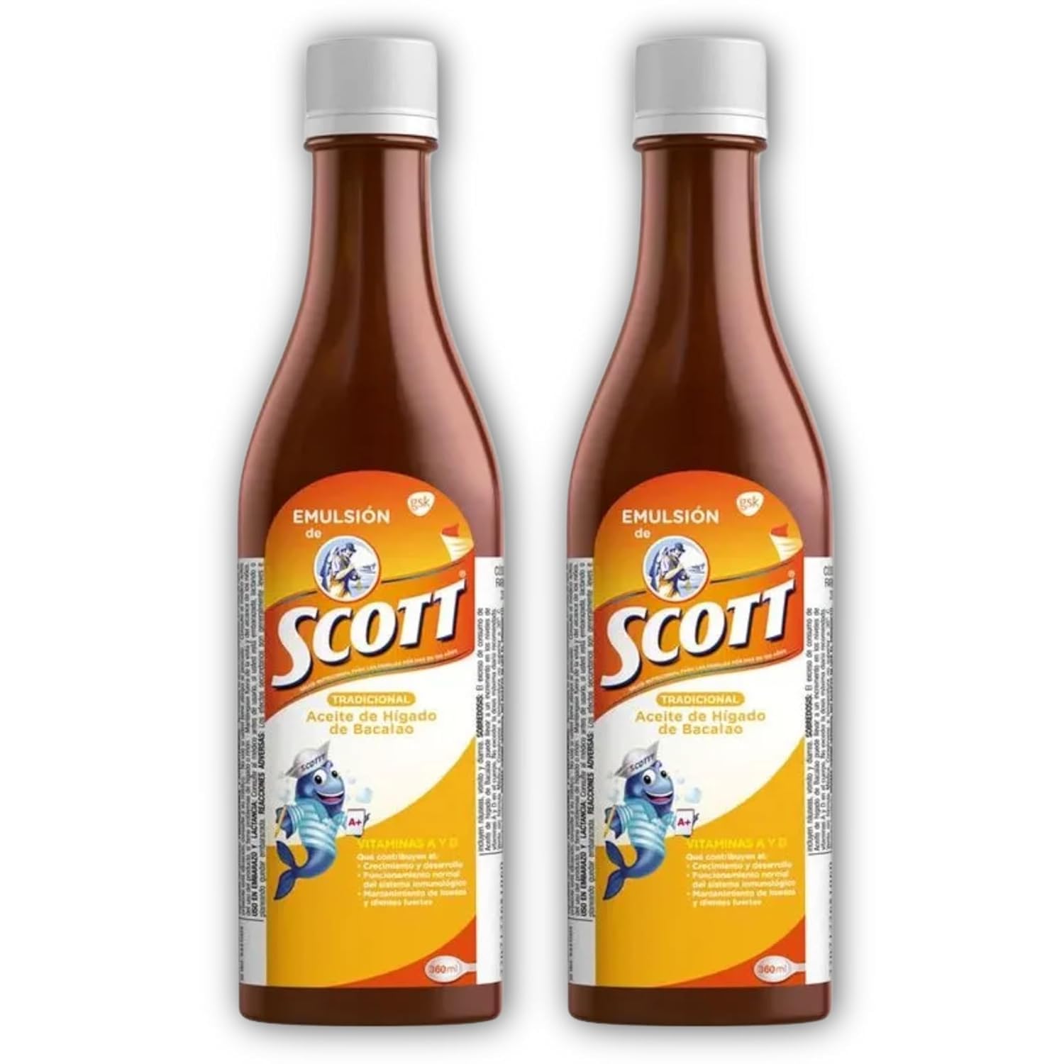 Emulsion de Scott vista frontal del pack de 2 botellas, identificación clara y práctico