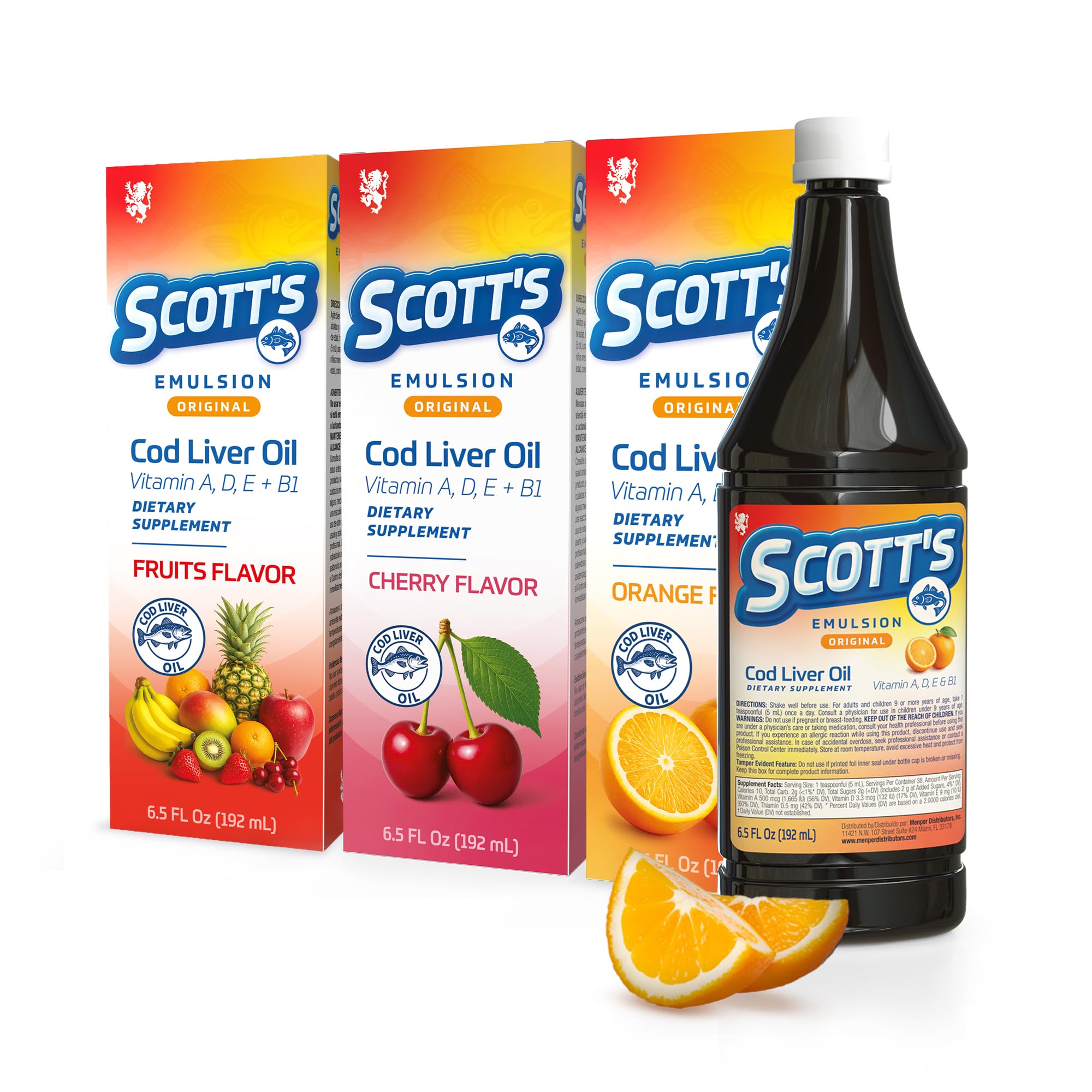 SCOTT'S EMULSION vista frontal del pack, presentación confiable para familias