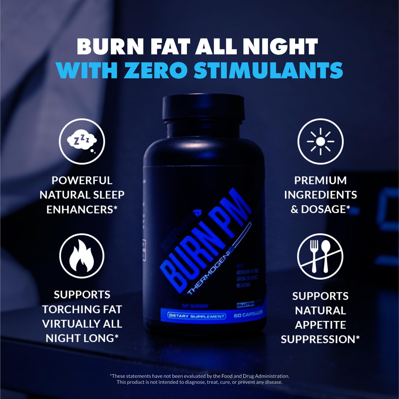 Sculpt Nation Burn PM en mesita de noche ilustrando uso nocturno y mejor descanso
