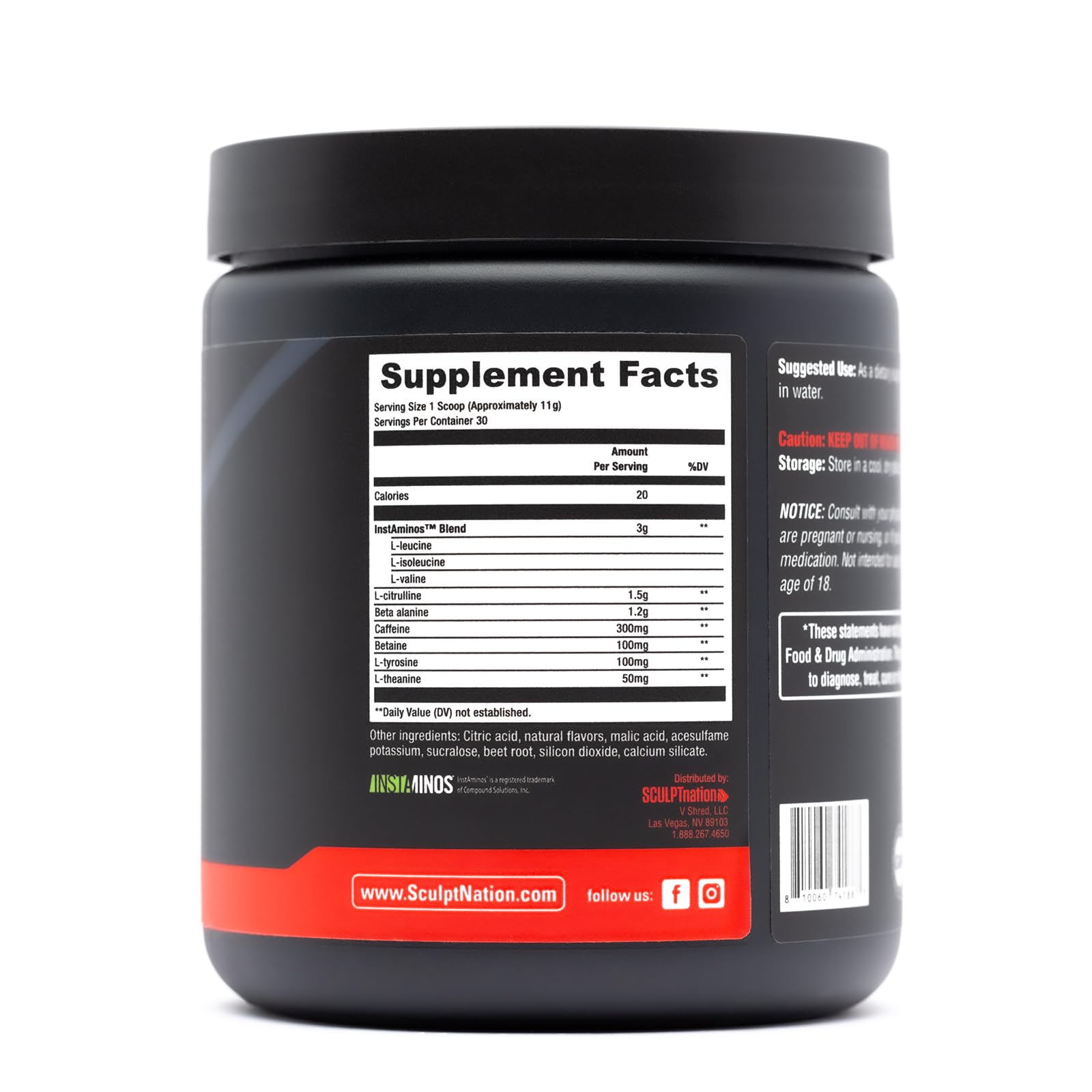 Sculpt Nation etiqueta con ingredientes y sello cGMP, beneficio transparencia