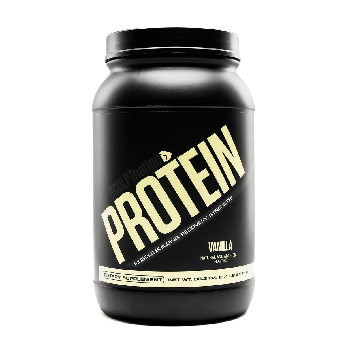 Sculpt Nation tarro frontal mostrando envase y sabor vainilla para confianza visual